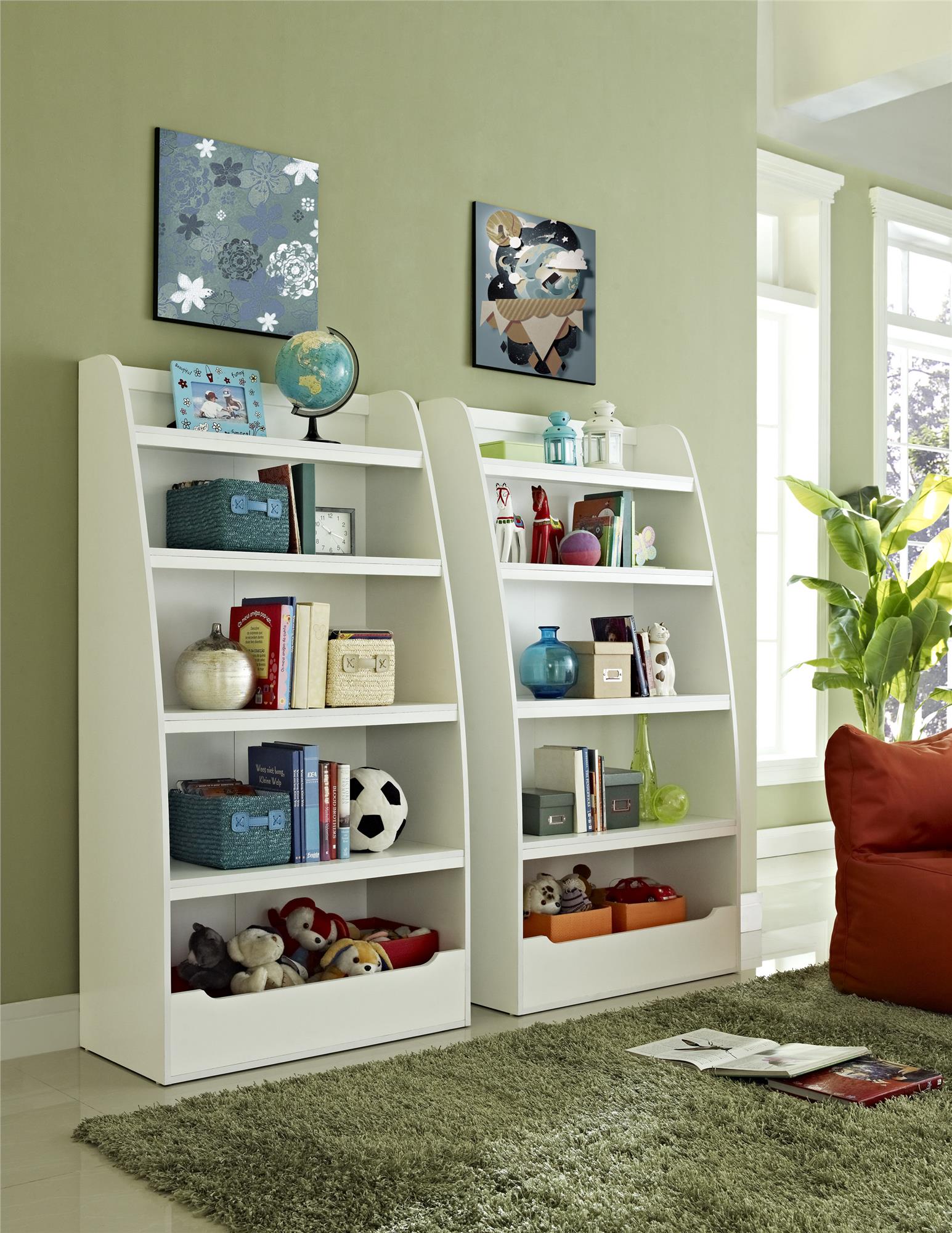 Mia Kids 4 Shelf Ladder Bookcase with Toy Storage - White