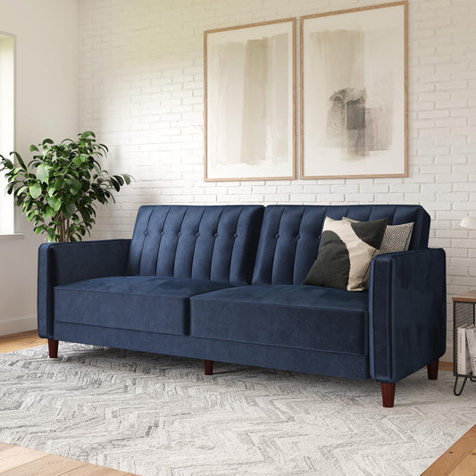 Pin Tufted Transitional Futon with Vertical Stitching and Button Tufting - Blue Velvet