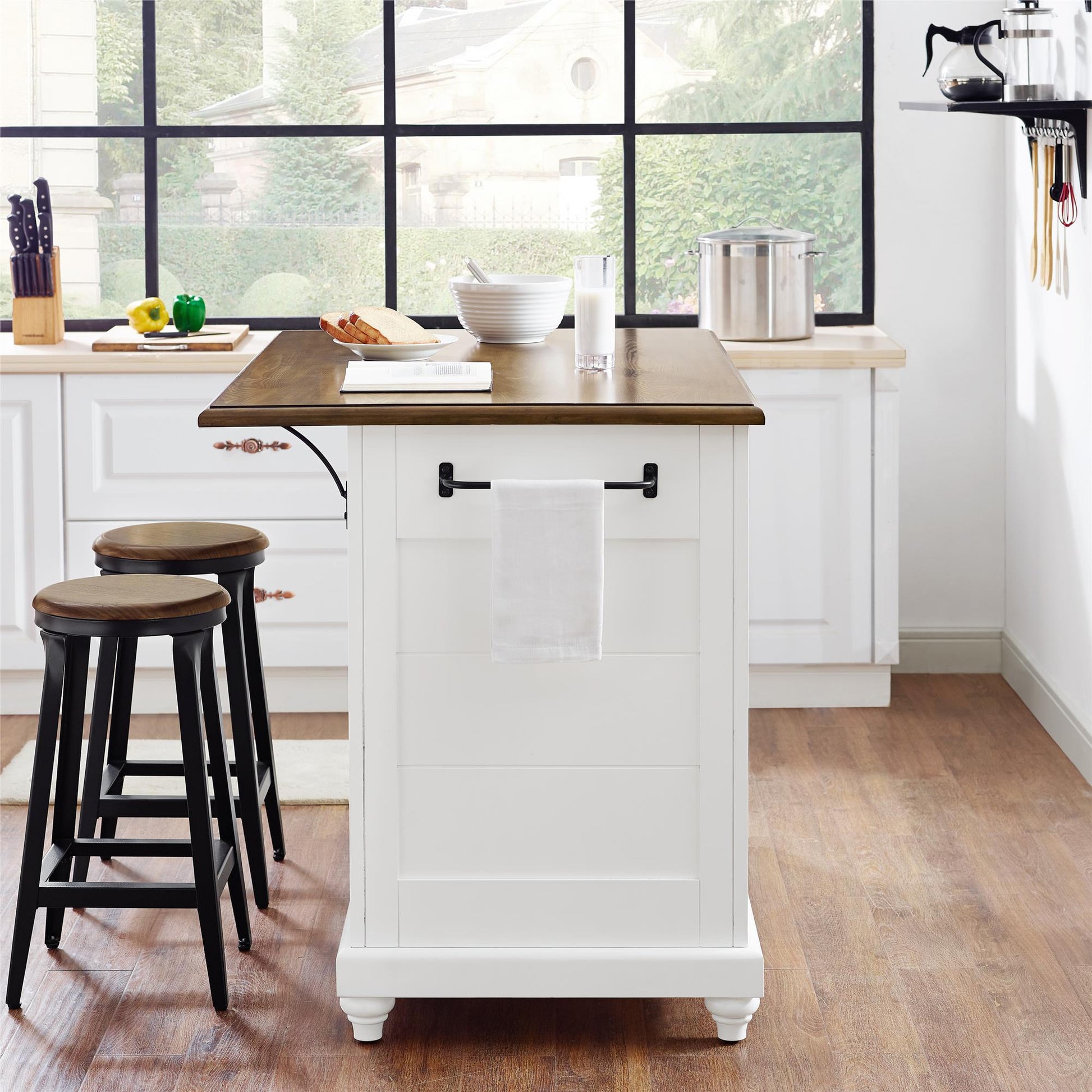 DHP Kelsey Kitchen Island with 2 Stools and Drawers, White - White