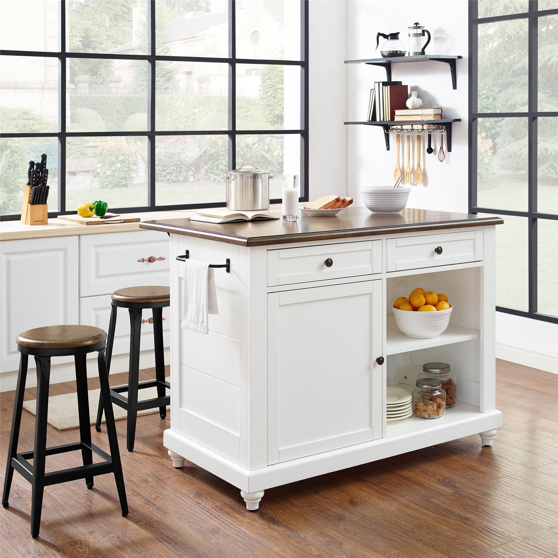 DHP Kelsey Kitchen Island with 2 Stools and Drawers, White - White