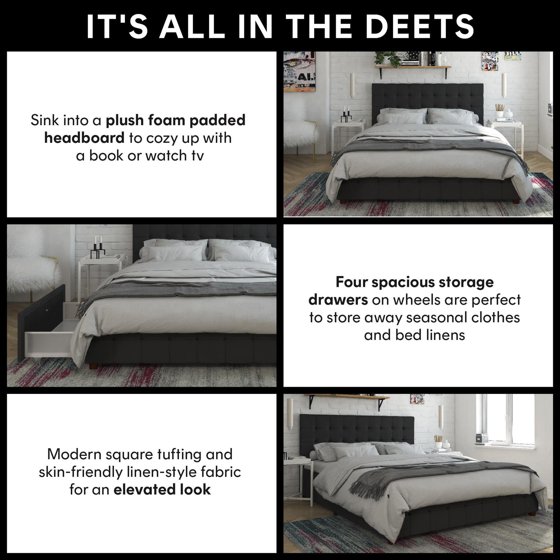 Elizabeth Upholstered Bed with Storage - Black - Queen
