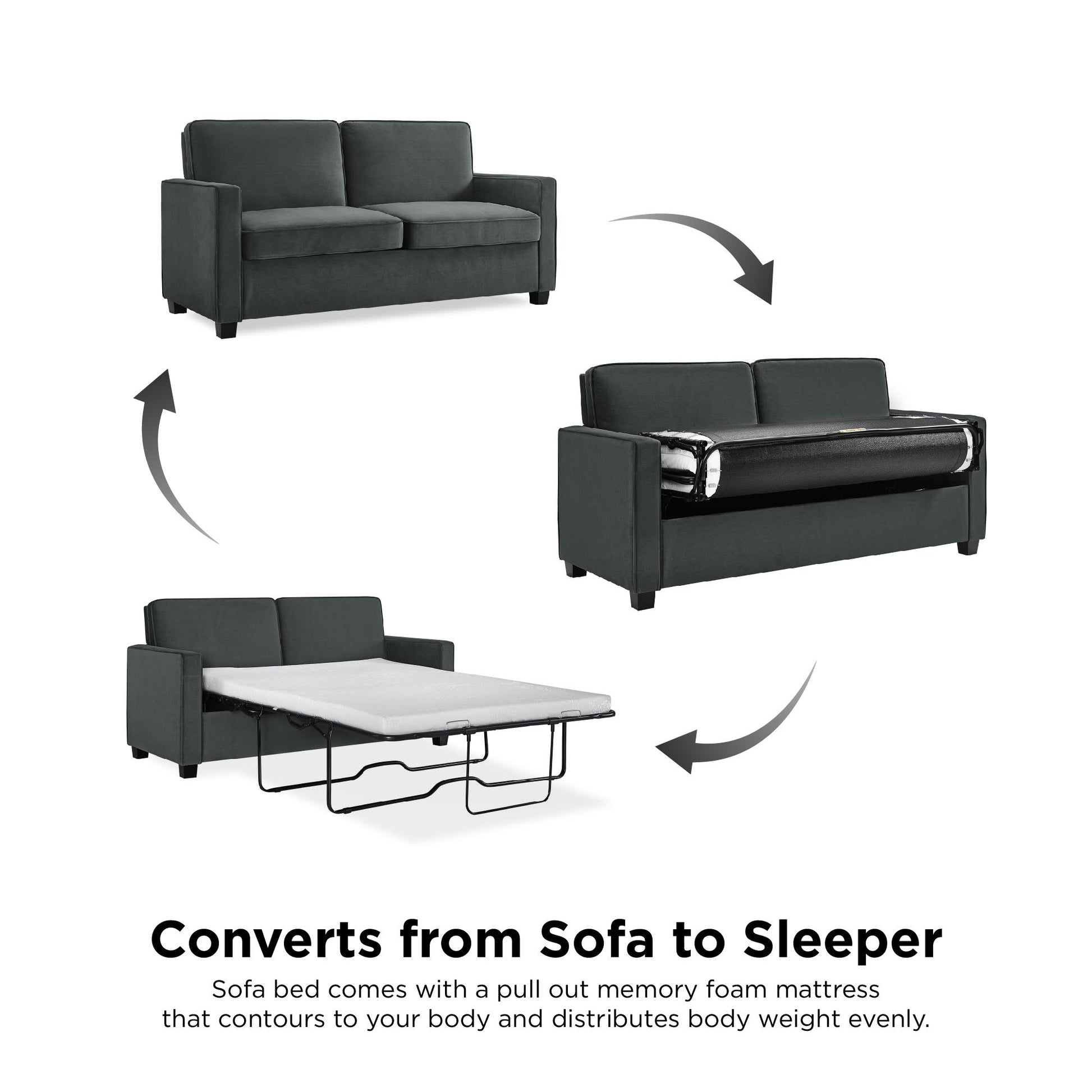 DHP Cooper Loveseat Sofa Sleeper with Full Memory Foam Mattress, Gray Velvet - Gray - Full