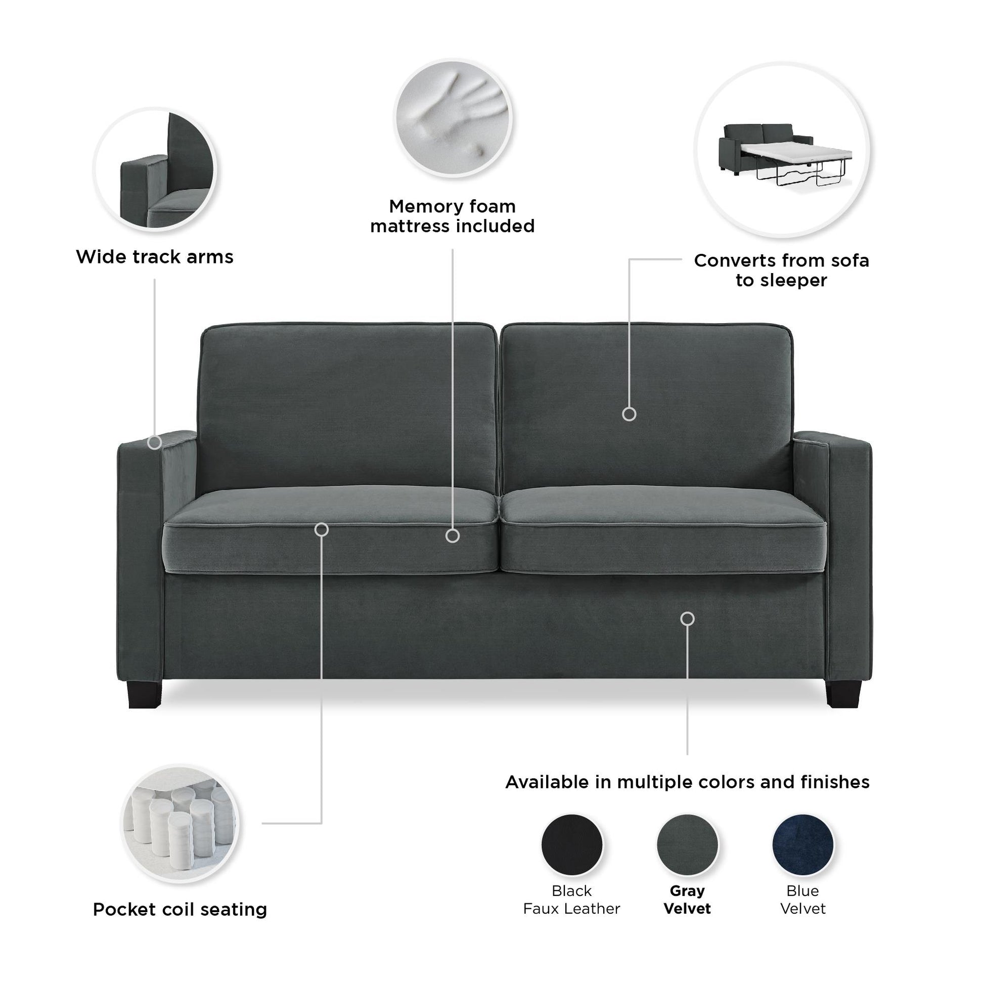 DHP Cooper Loveseat Sofa Sleeper with Full Memory Foam Mattress, Gray Velvet - Gray - Full