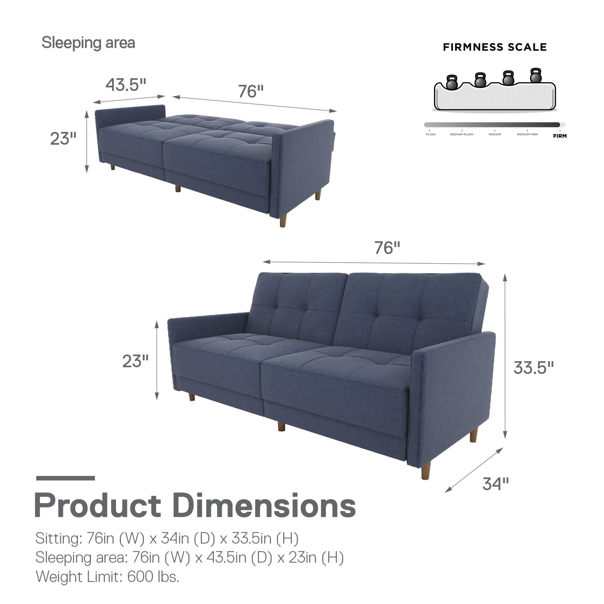 Andora Tufted Upholstered Coil Futon with Wooden Legs - Navy Linen
