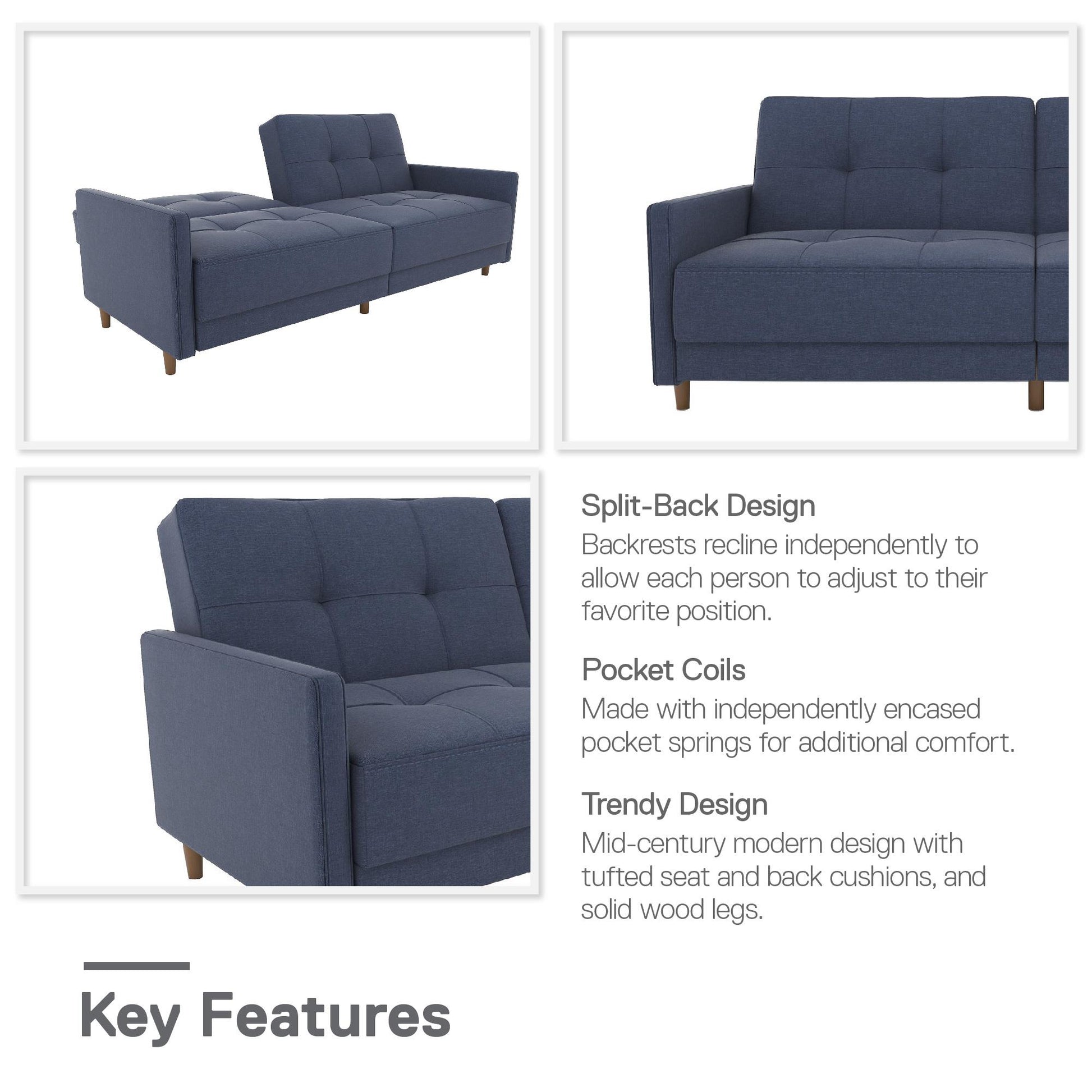 Andora Tufted Upholstered Coil Futon with Wooden Legs - Navy Linen