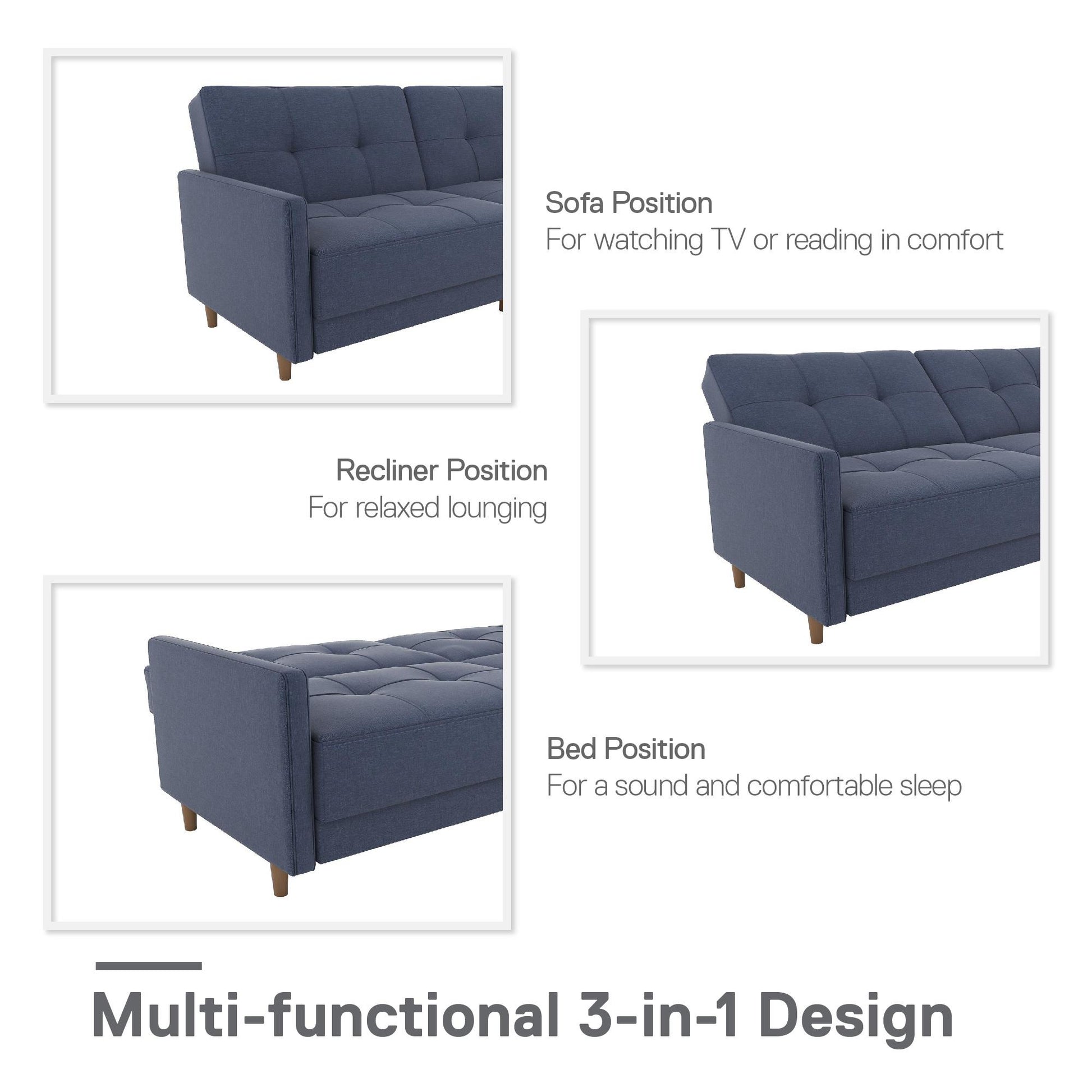 Andora Tufted Upholstered Coil Futon with Wooden Legs - Navy Linen