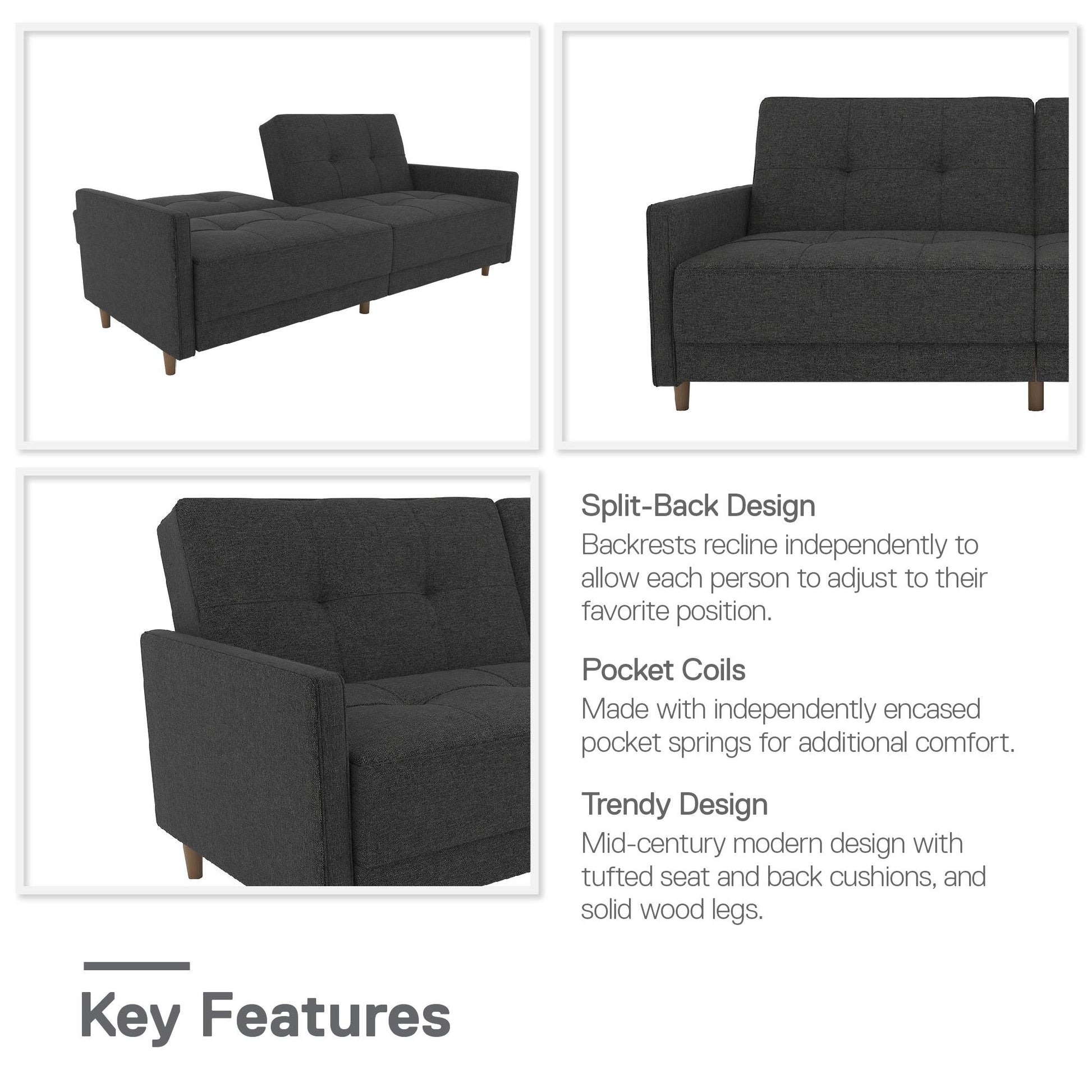 Andora Tufted Upholstered Coil Futon with Wooden Legs - Grey Linen