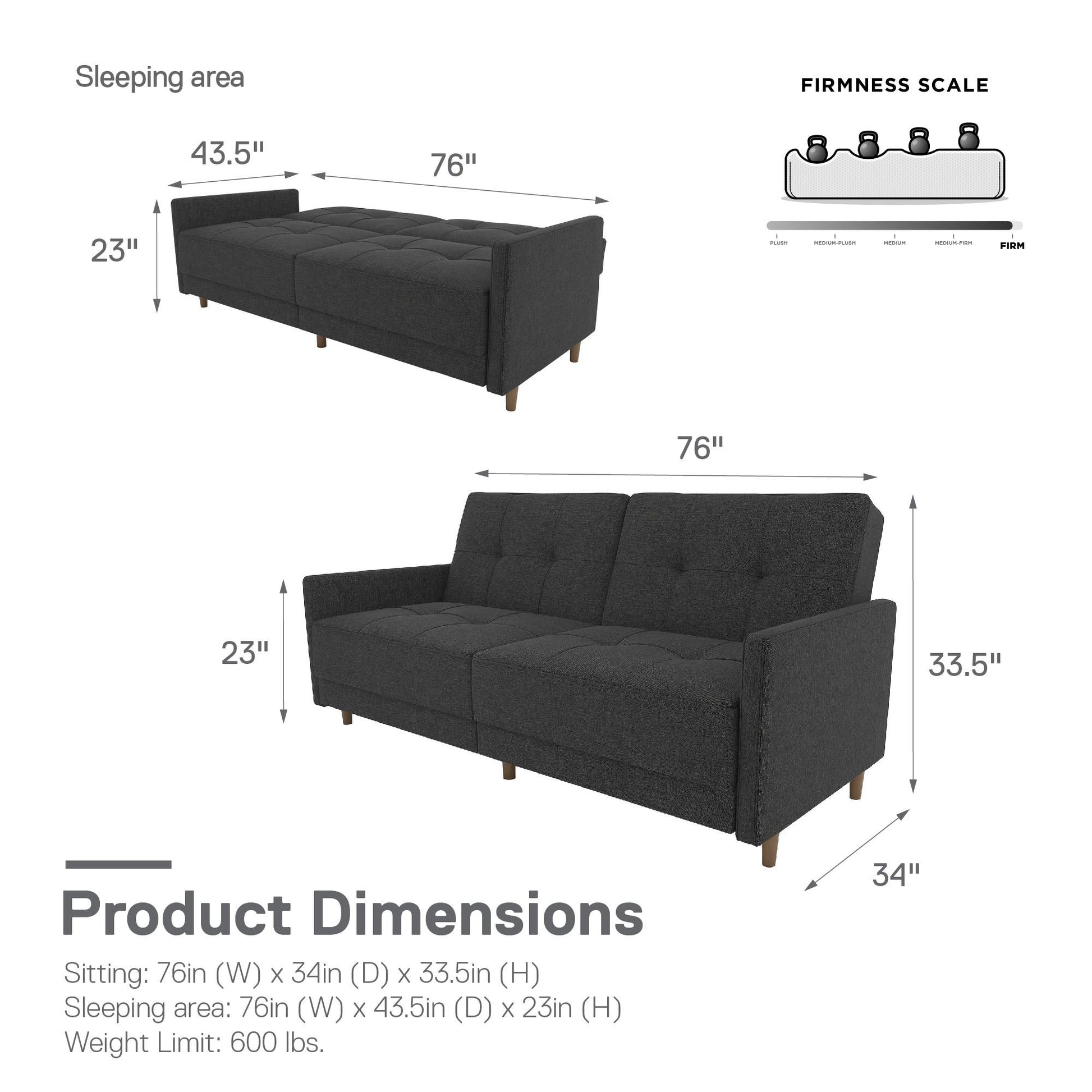 Andora Tufted Upholstered Coil Futon with Wooden Legs - Grey Linen