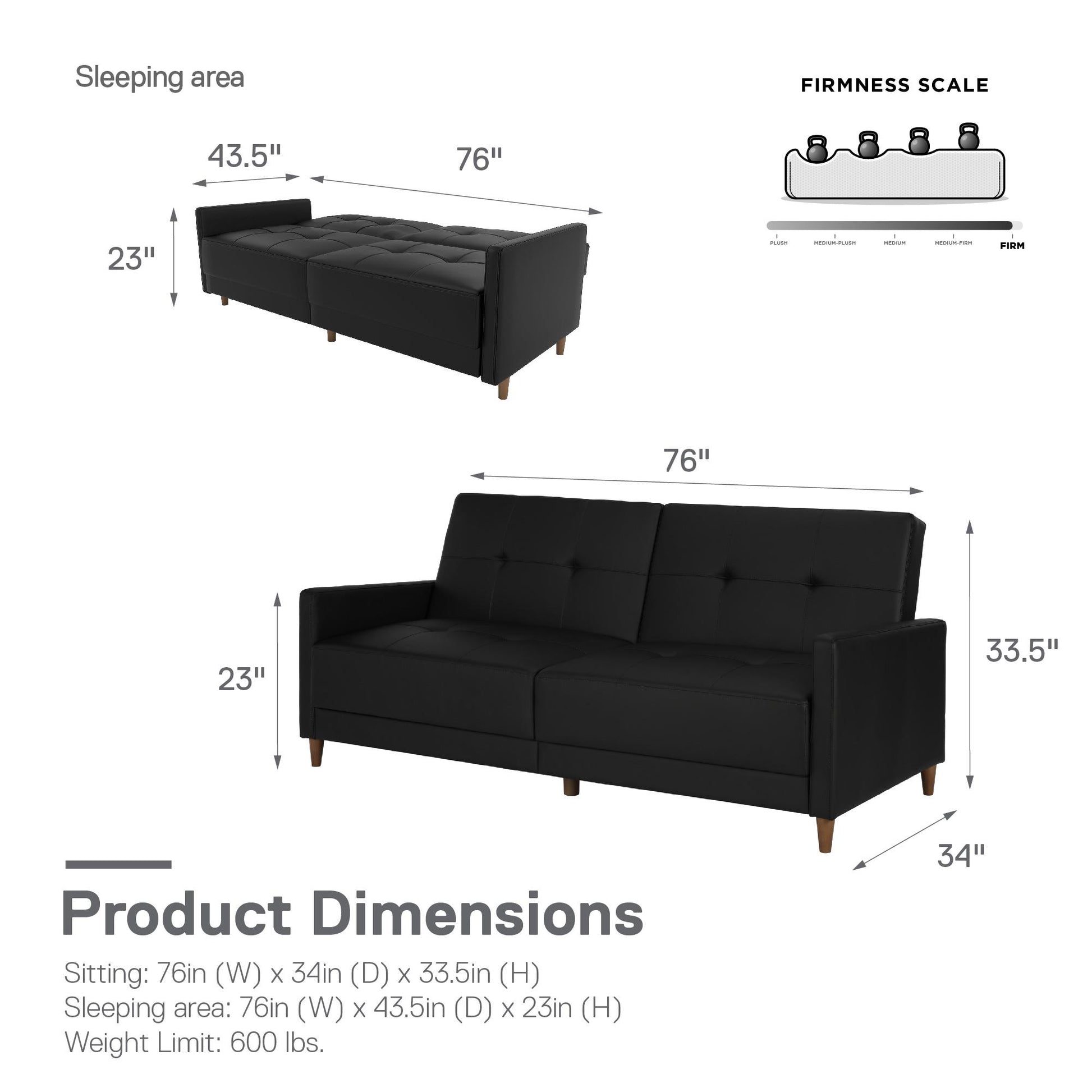 Andora Tufted Upholstered Coil Futon with Wooden Legs - Black Faux Leather