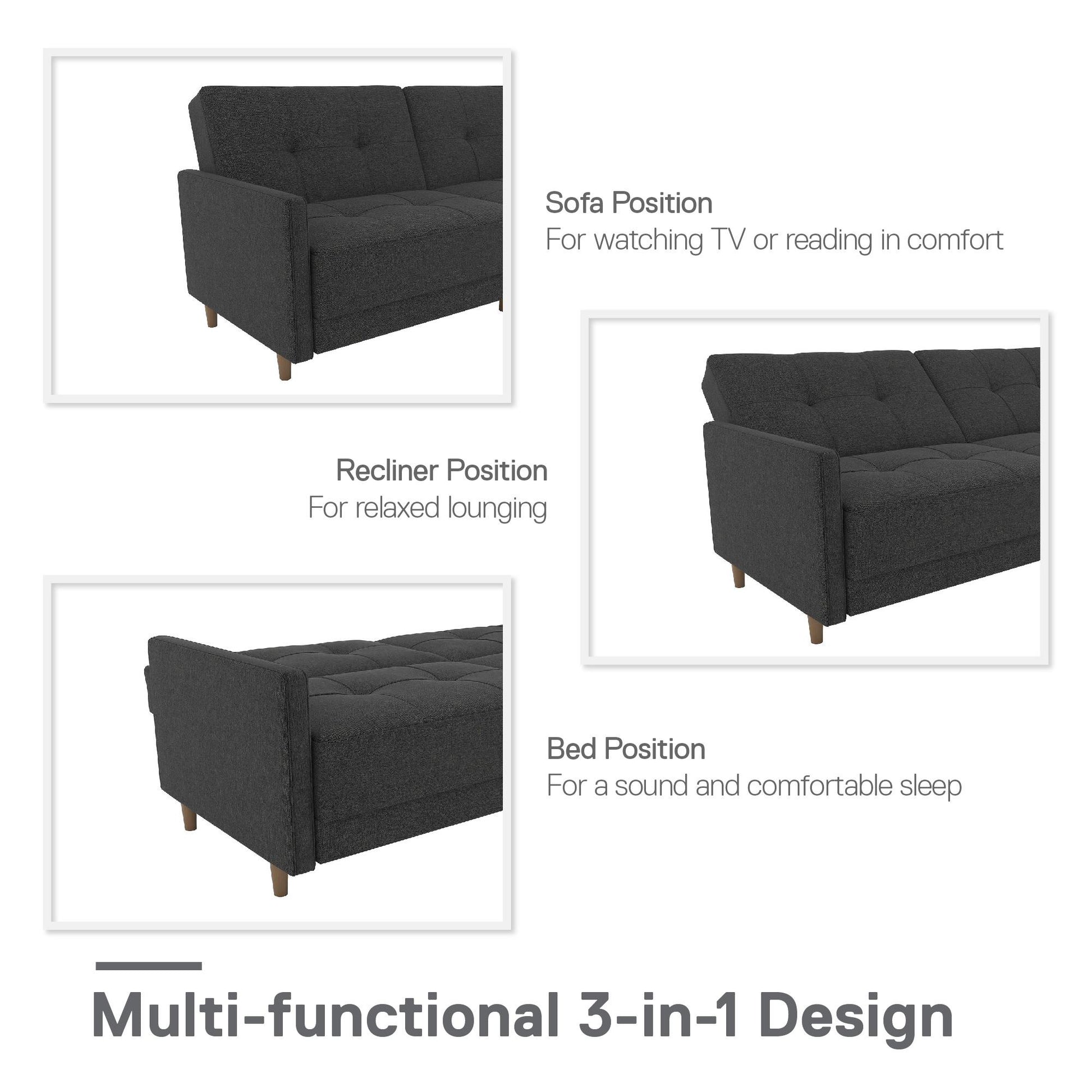 Andora Tufted Upholstered Coil Futon with Wooden Legs - Grey Linen