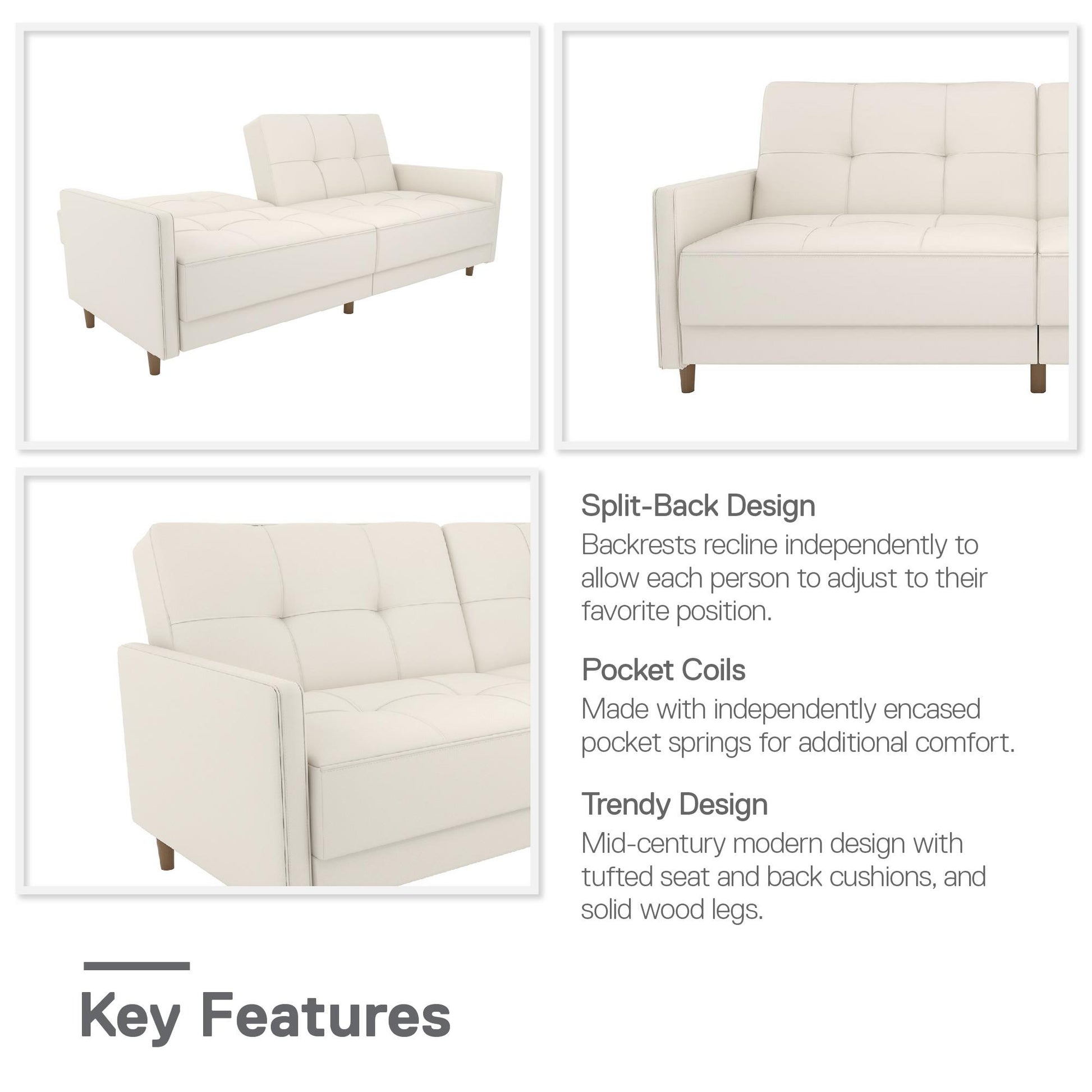Andora Tufted Upholstered Coil Futon with Wooden Legs - White Faux leather