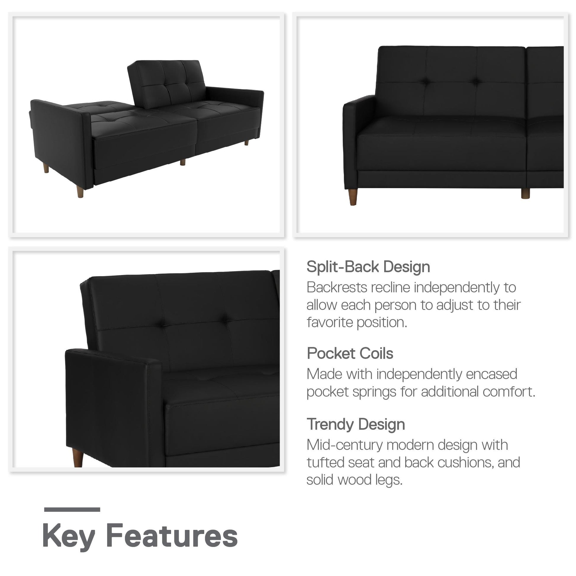 Andora Tufted Upholstered Coil Futon with Wooden Legs - Black Faux Leather