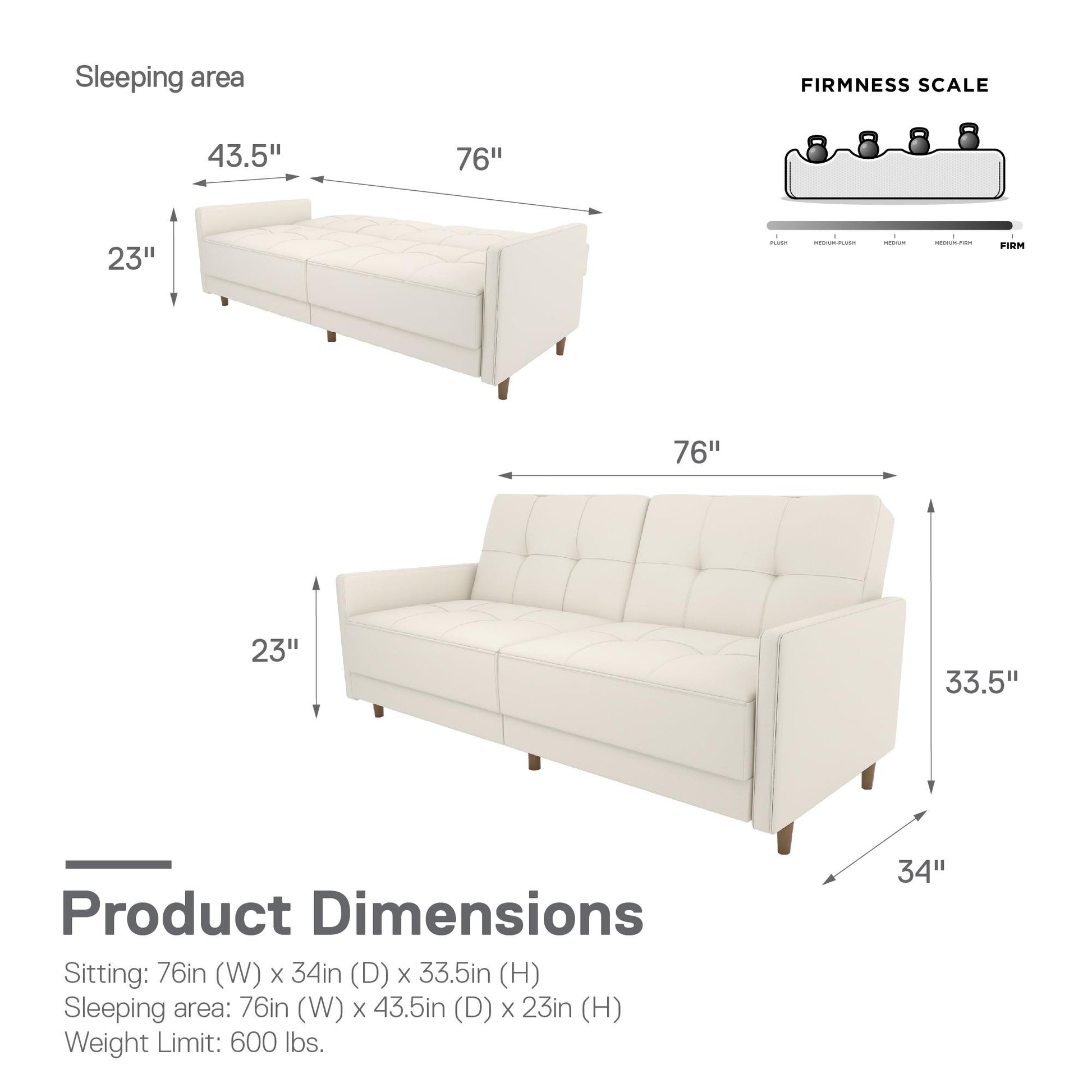 Andora Tufted Upholstered Coil Futon with Wooden Legs - White Faux leather