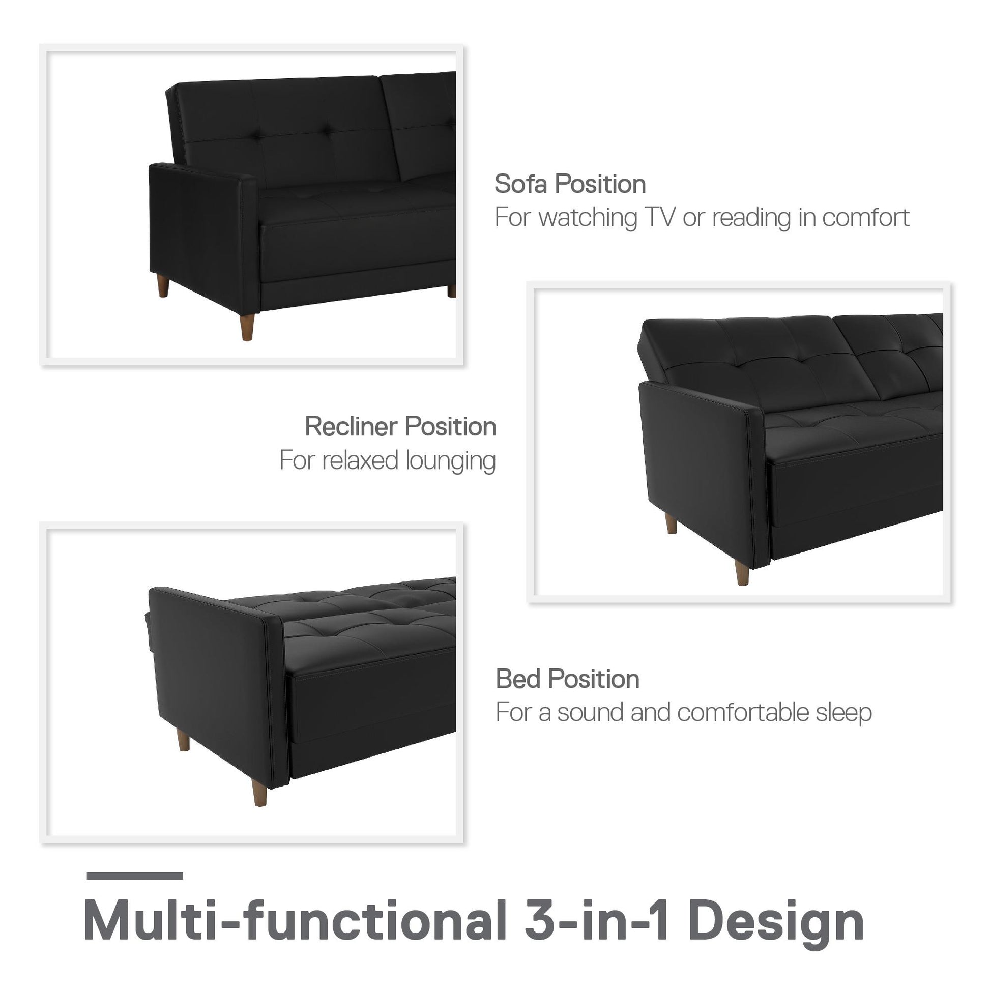 Andora Tufted Upholstered Coil Futon with Wooden Legs - Black Faux Leather