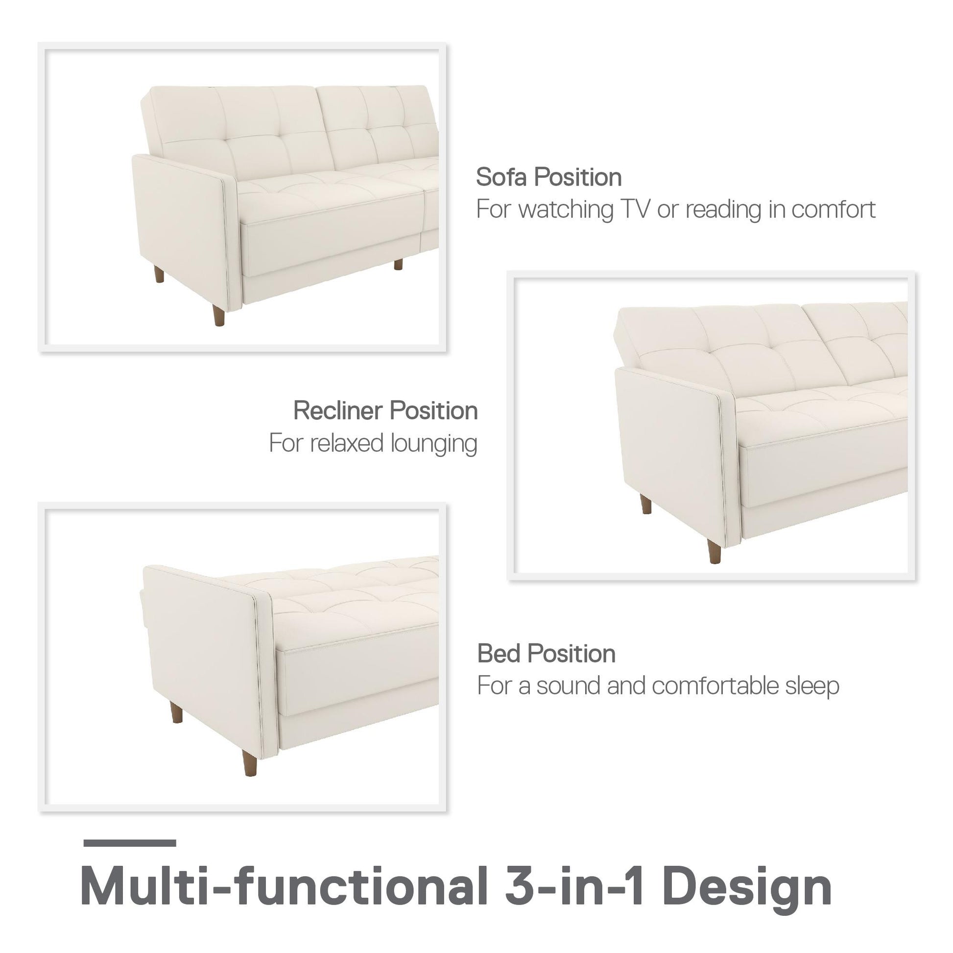 Andora Tufted Upholstered Coil Futon with Wooden Legs - White Faux leather