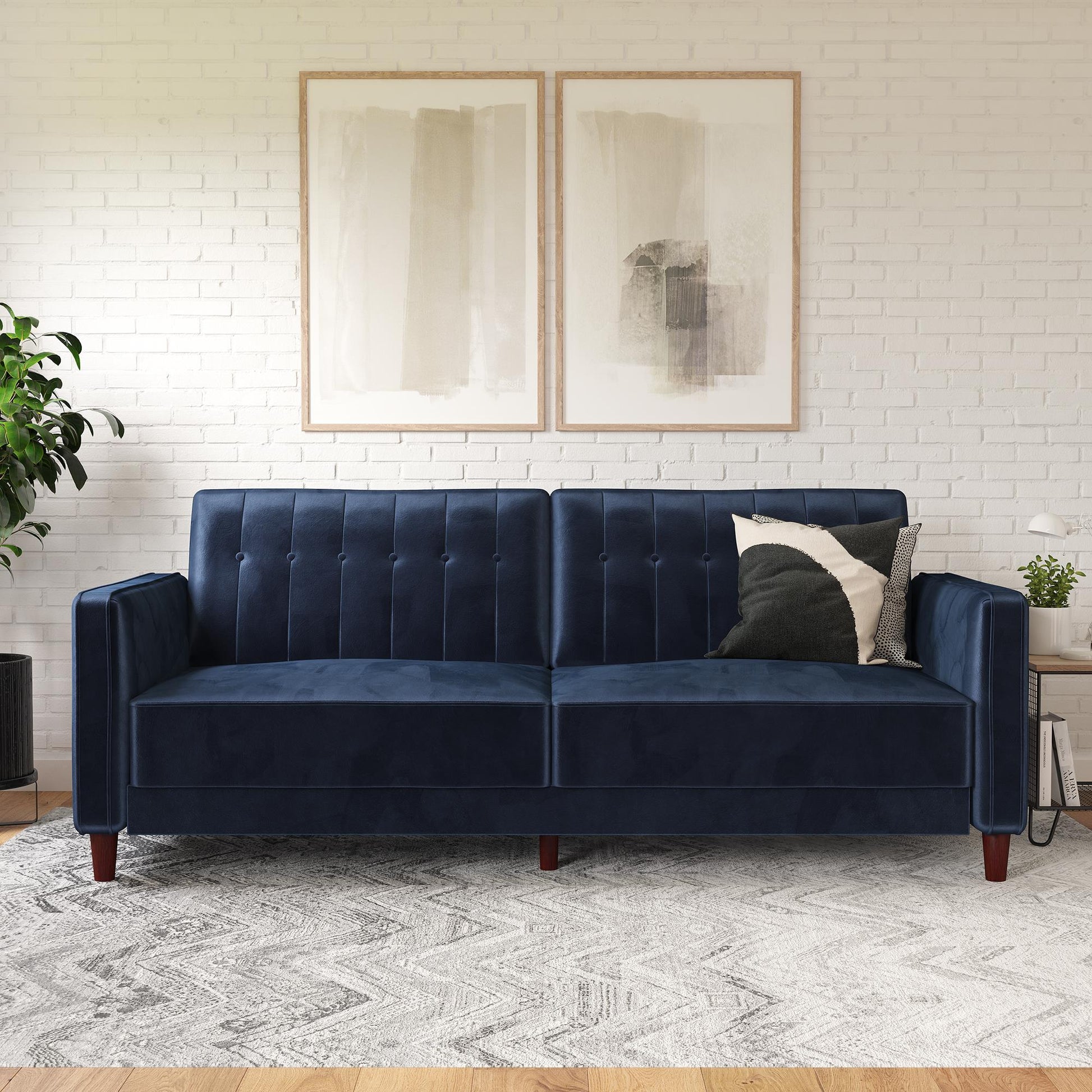 Pin Tufted Transitional Futon with Vertical Stitching and Button Tufting - Blue Velvet