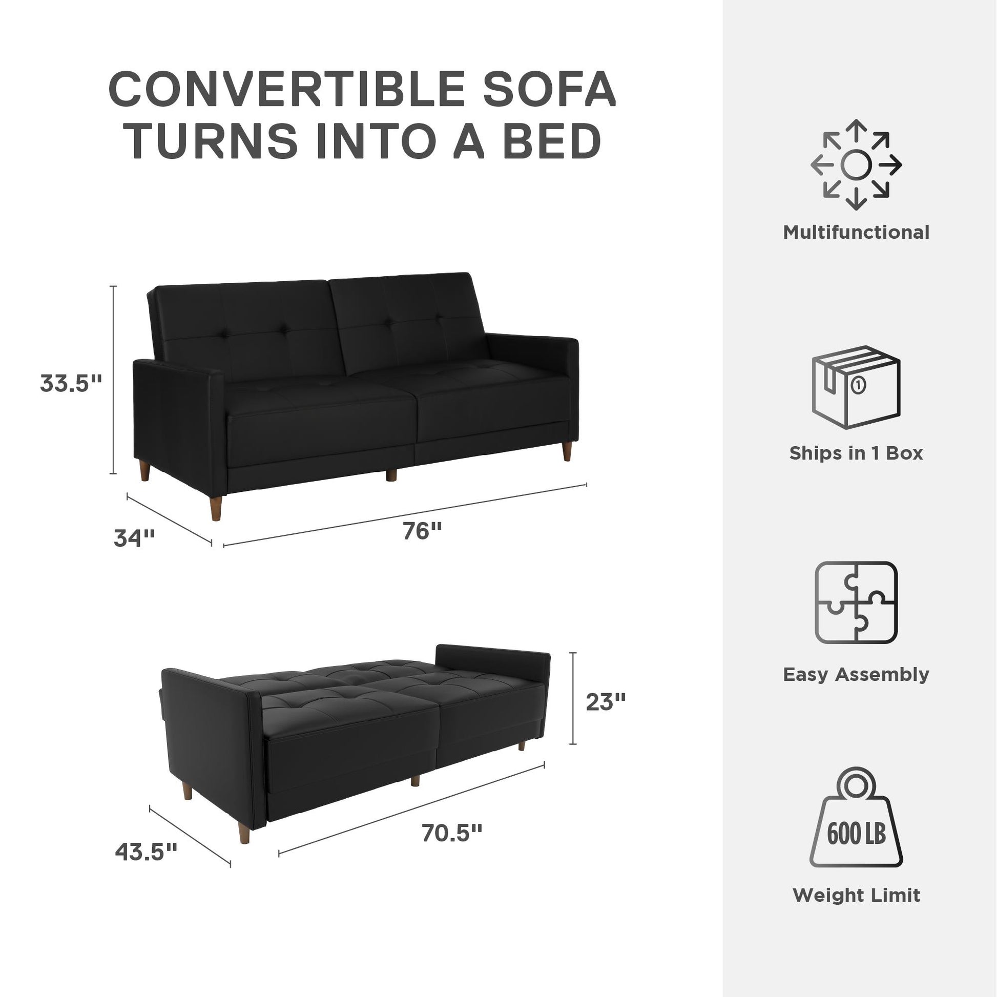 Andora Tufted Upholstered Coil Futon with Wooden Legs - Black Faux Leather
