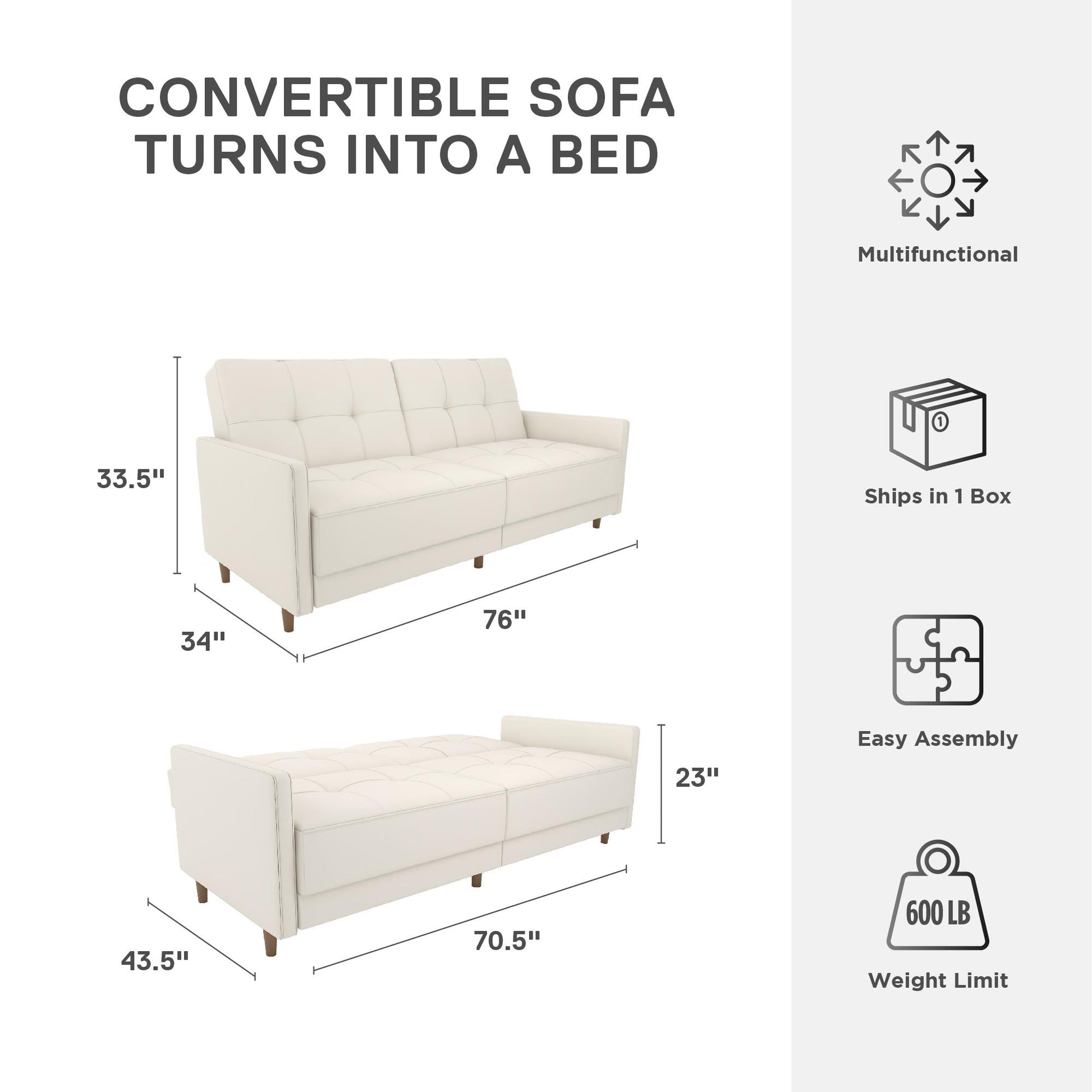 Andora Tufted Upholstered Coil Futon with Wooden Legs - White Faux leather