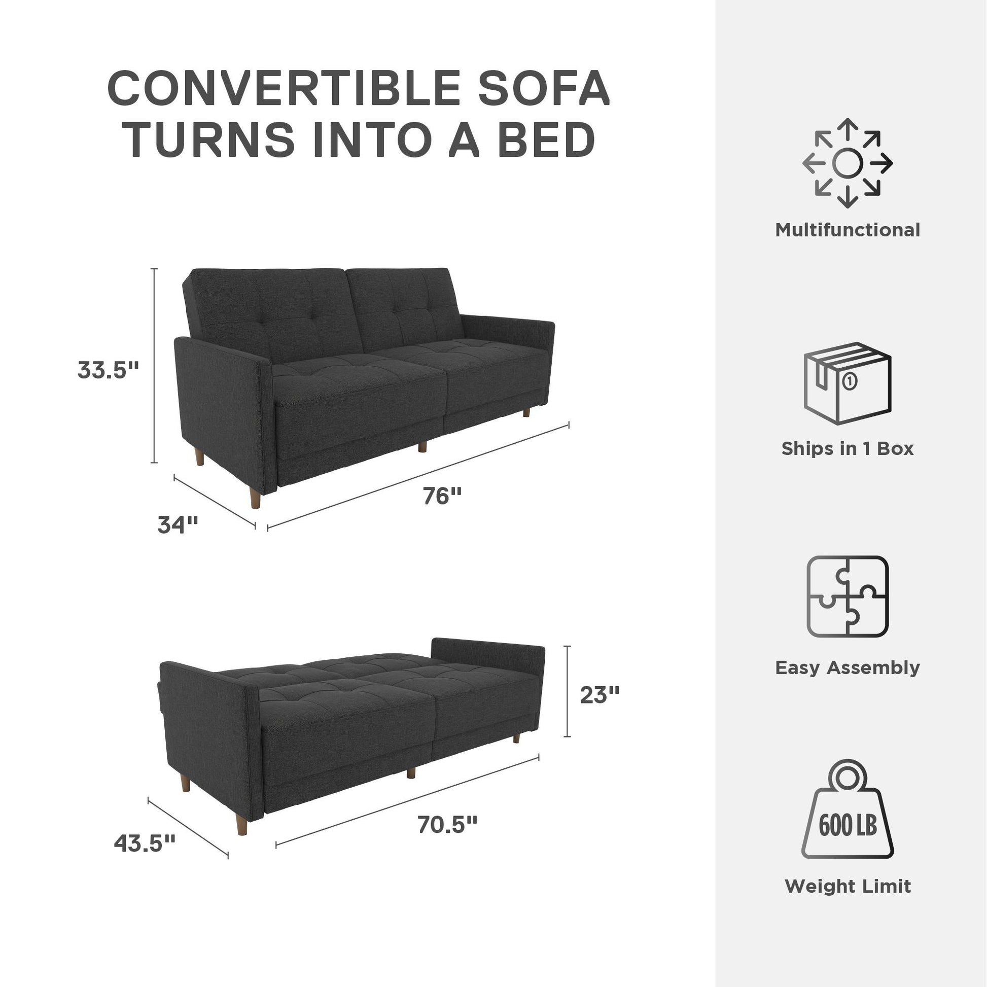Andora Tufted Upholstered Coil Futon with Wooden Legs - Grey Linen