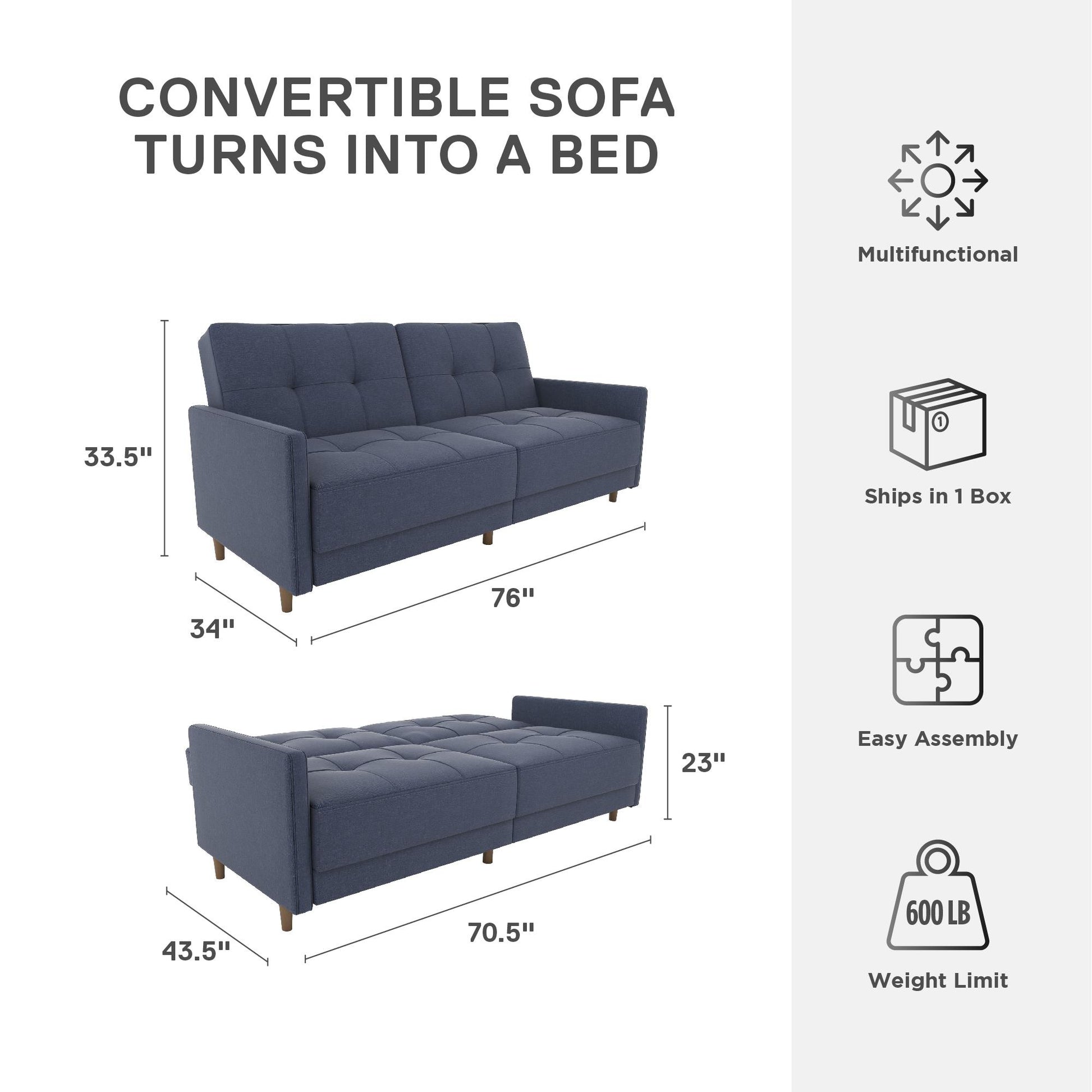 Andora Tufted Upholstered Coil Futon with Wooden Legs - Navy Linen