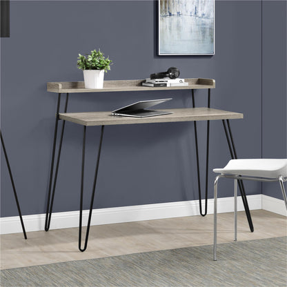 Haven Retro Computer Desk with Riser and Metal Hairpin Legs - Distressed Gray Oak