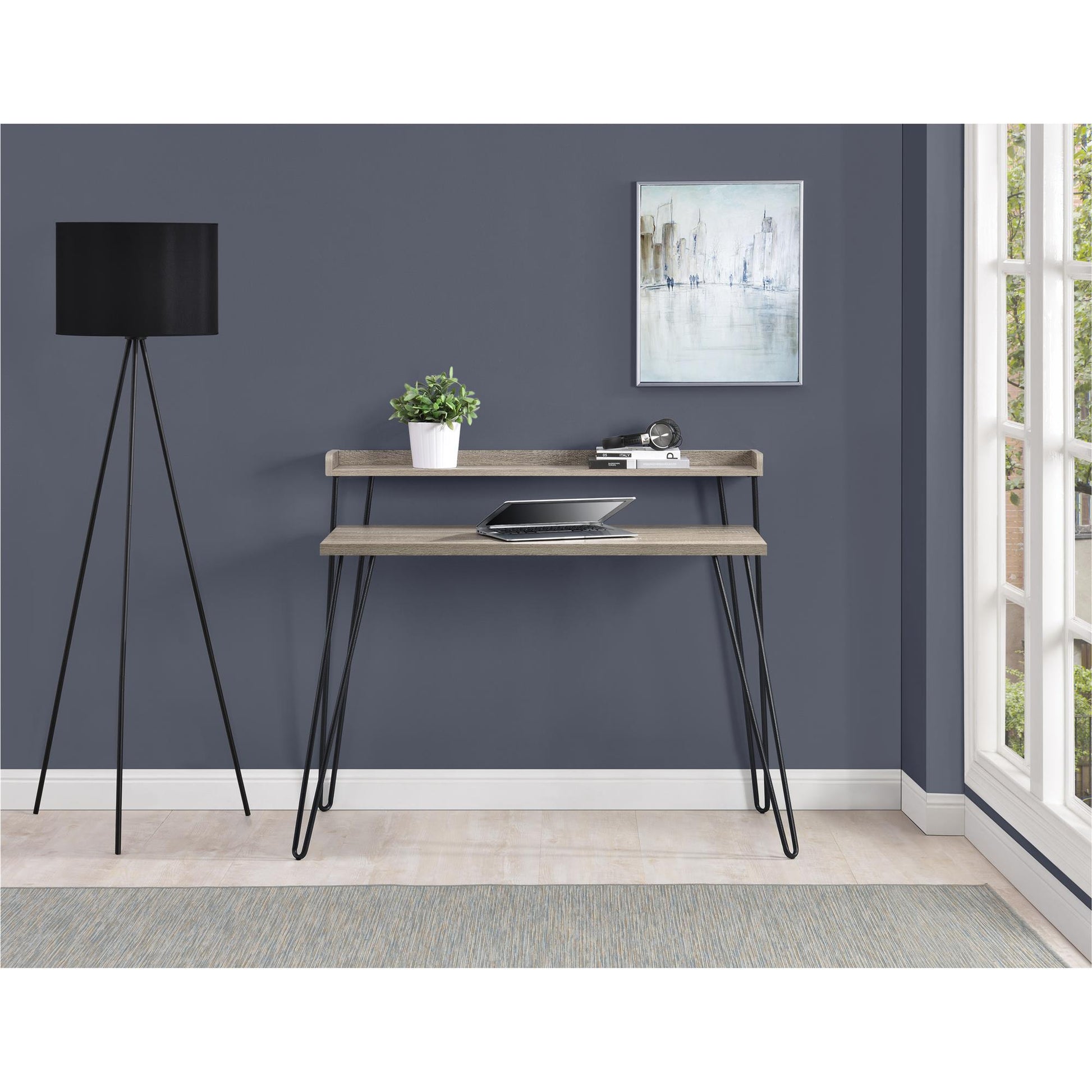 Haven Retro Computer Desk with Riser and Metal Hairpin Legs - Distressed Gray Oak