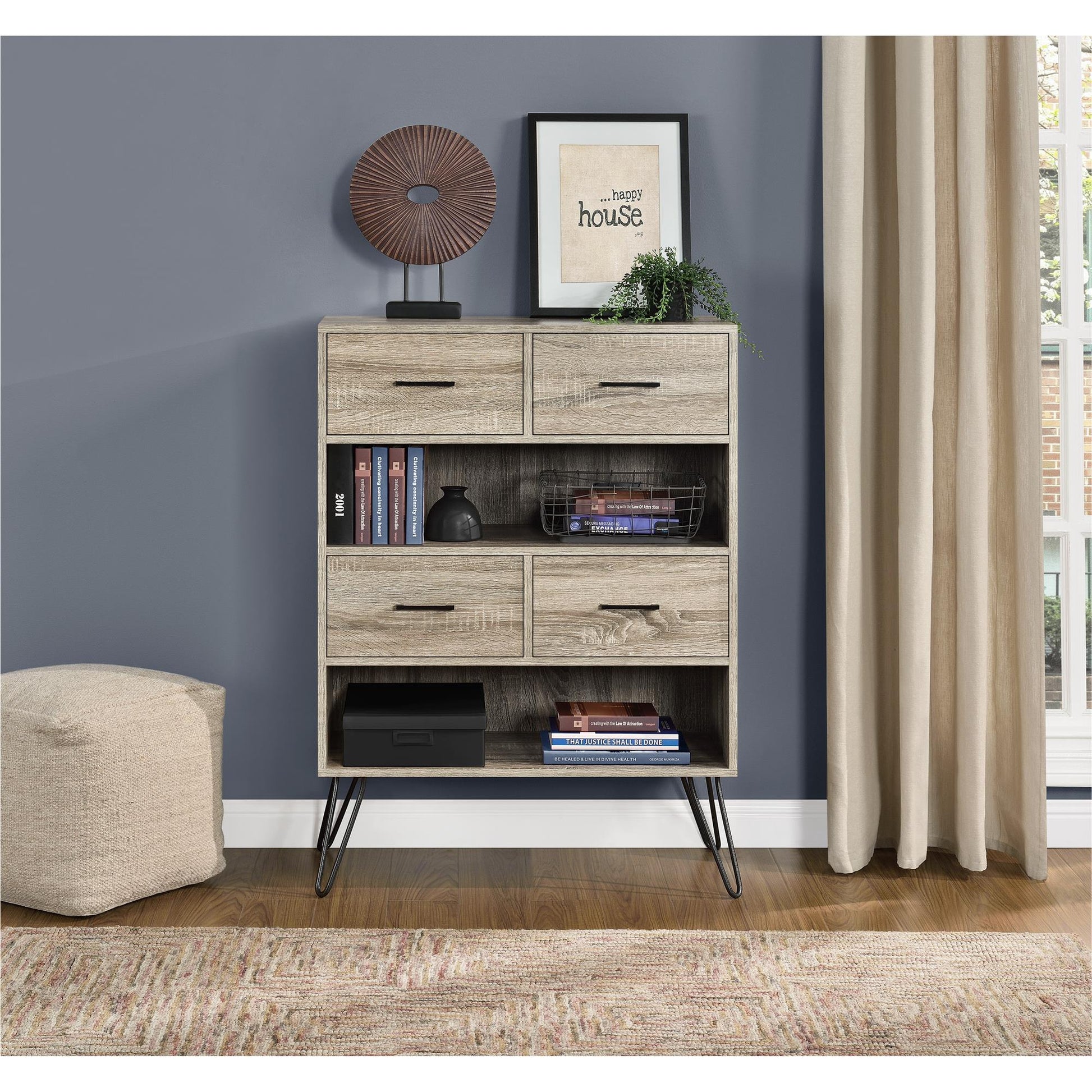 Landon Retro Bookcase with 4 Fabric Bins with Wood Grain Fronts - Distressed Gray Oak