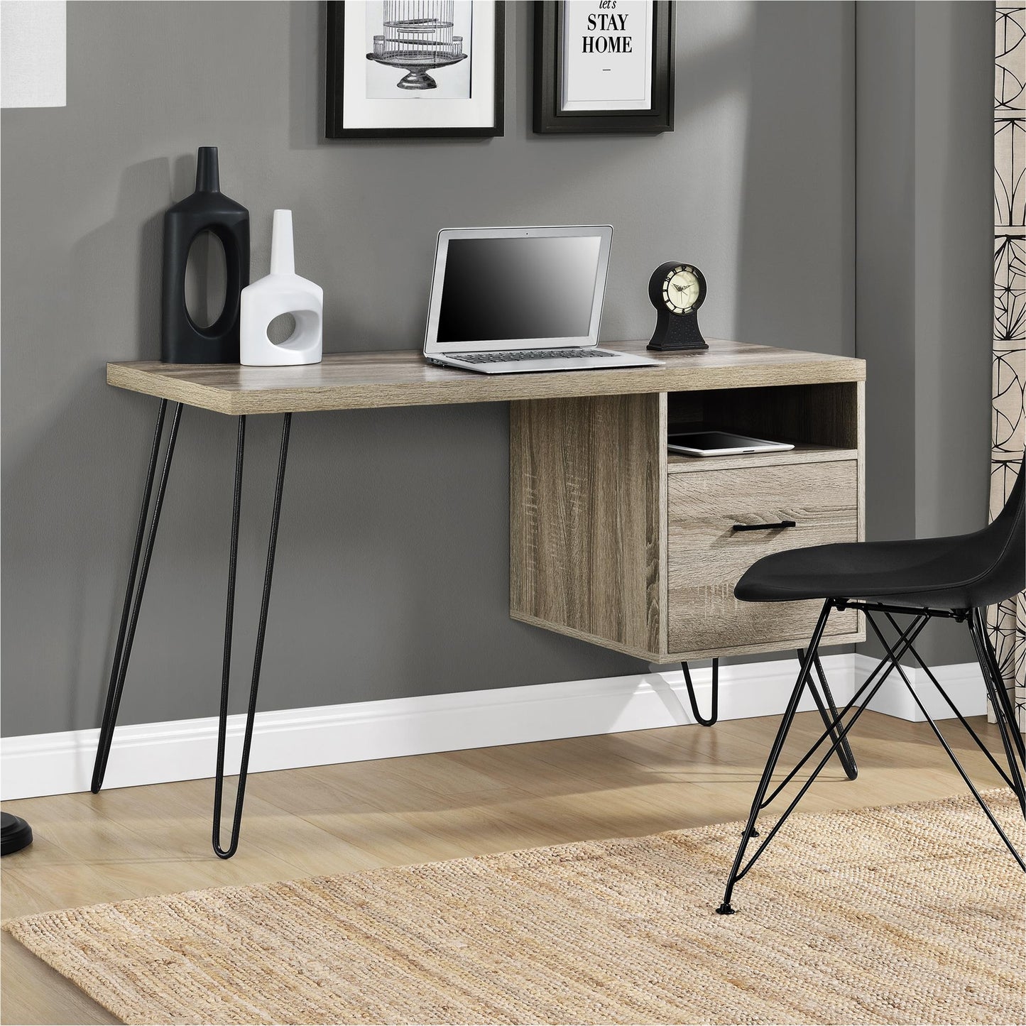 Landon Computer Desk with Open Compartment and Drawer - Distressed Gray Oak