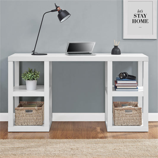 Parsons Double Pedestal Computer Desk with 4 Shelves - White