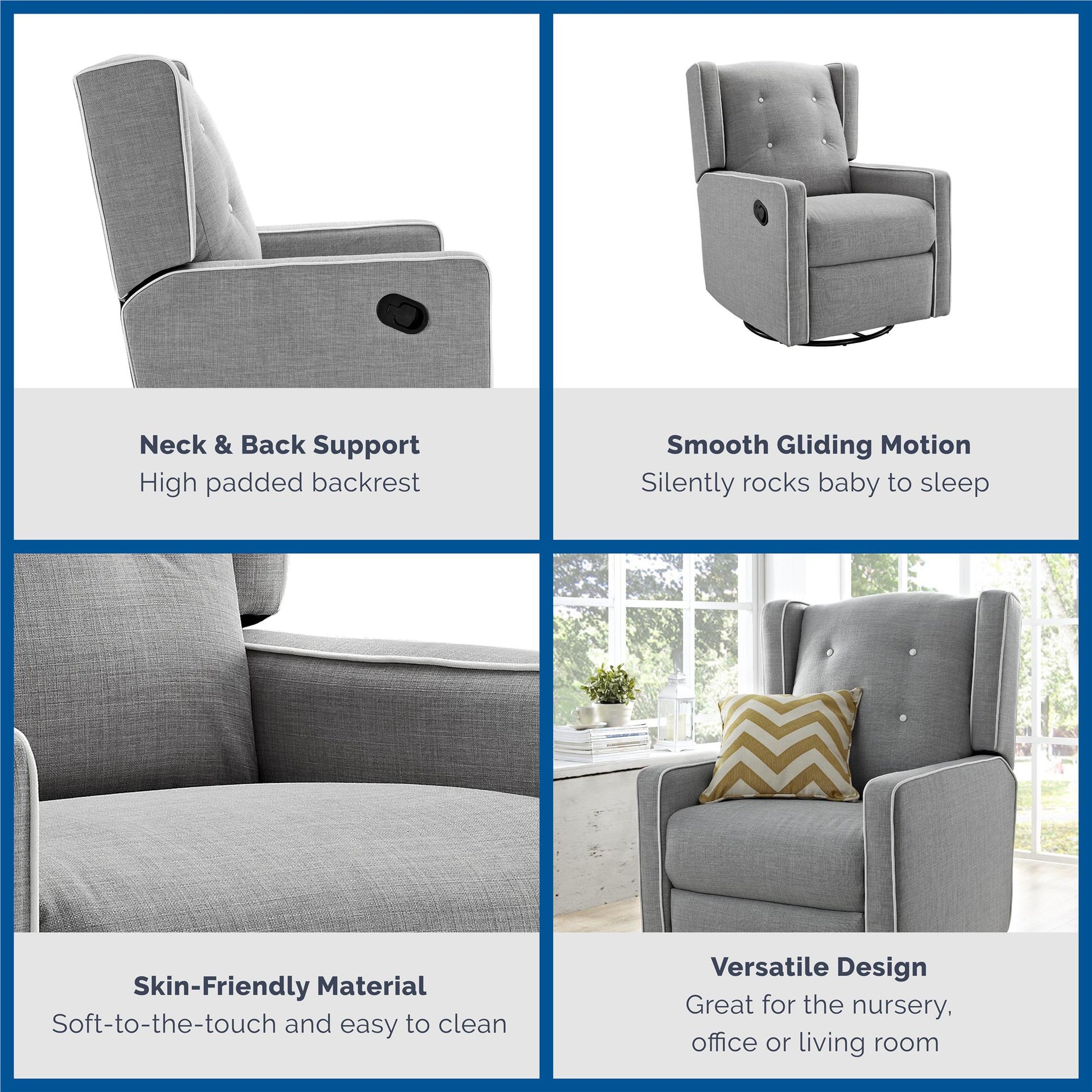 Mikayla Swivel Glider Recliner Chair Pocket Coil Seating - Grey Linen