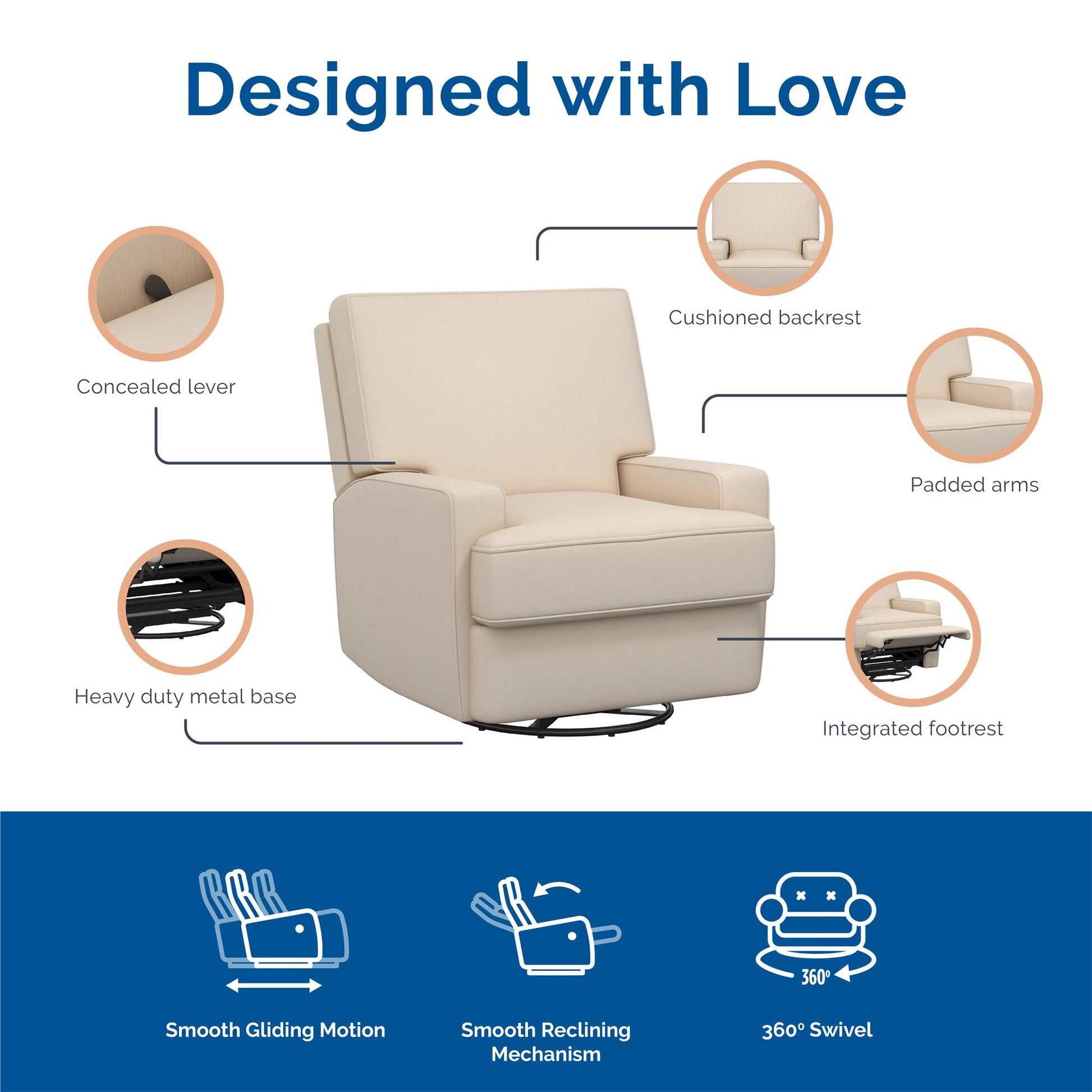 Rylan Upholstered Swivel Glider Recliner Chair with Square Back - Beige