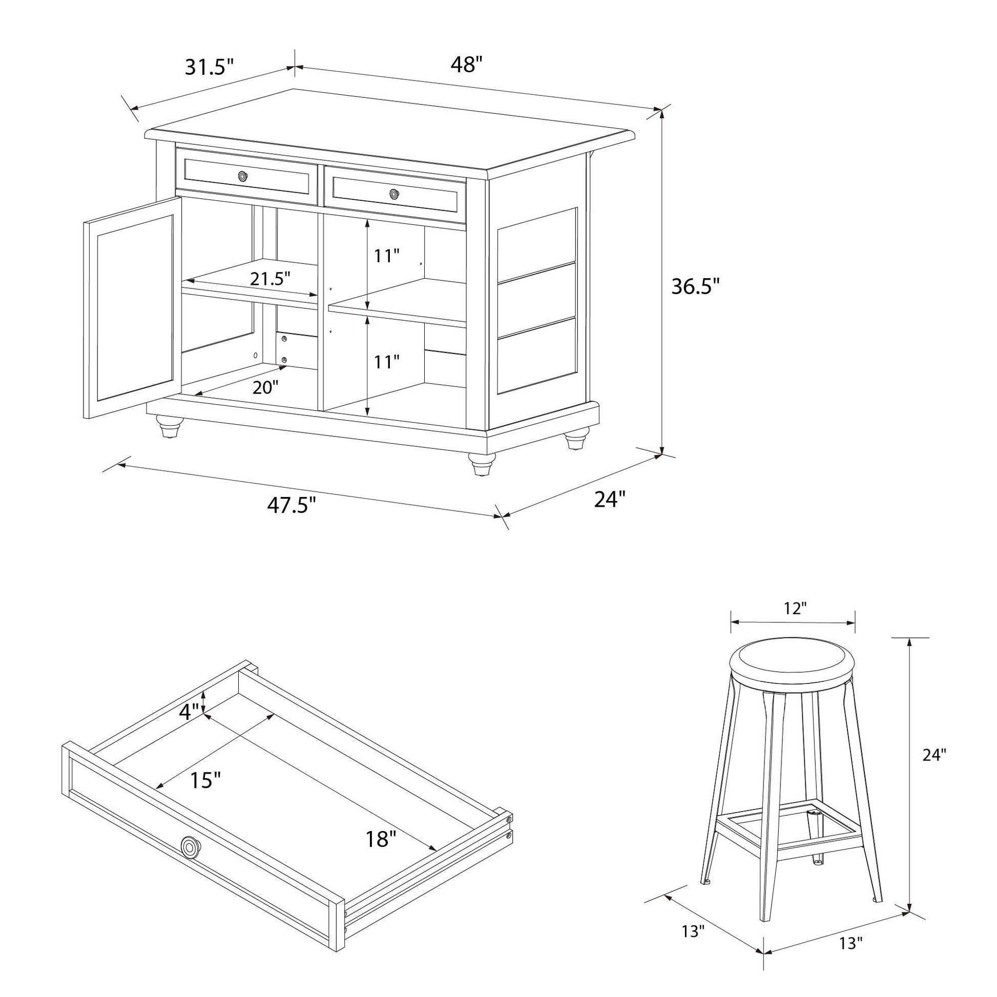 DHP Kelsey Kitchen Island with 2 Stools and Drawers, Black - Black