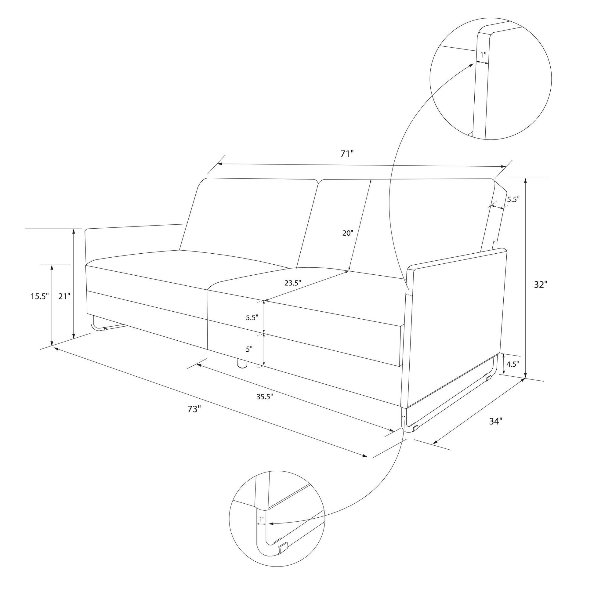 Pembroke Convertible Futon with Armrests and Metal Sleigh Legs - Grey Linen