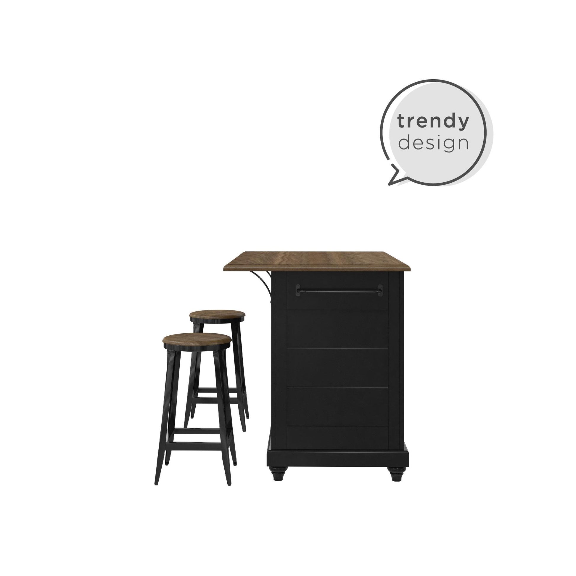 DHP Kelsey Kitchen Island with 2 Stools and Drawers, Black - Black