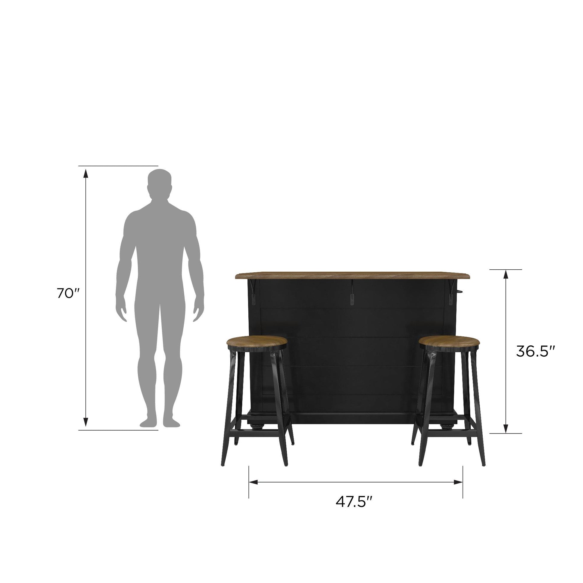 DHP Kelsey Kitchen Island with 2 Stools and Drawers, Black - Black