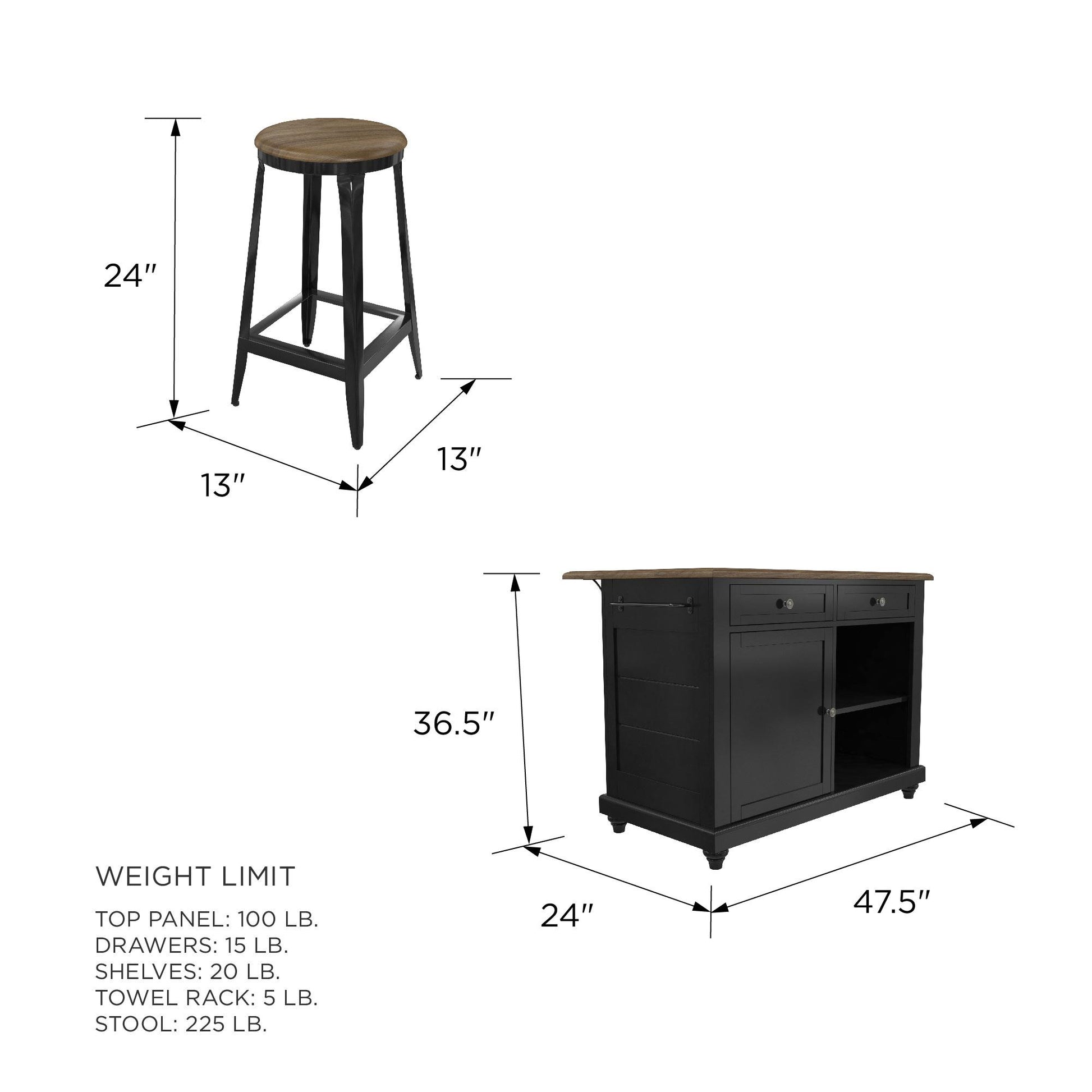 DHP Kelsey Kitchen Island with 2 Stools and Drawers, Black - Black