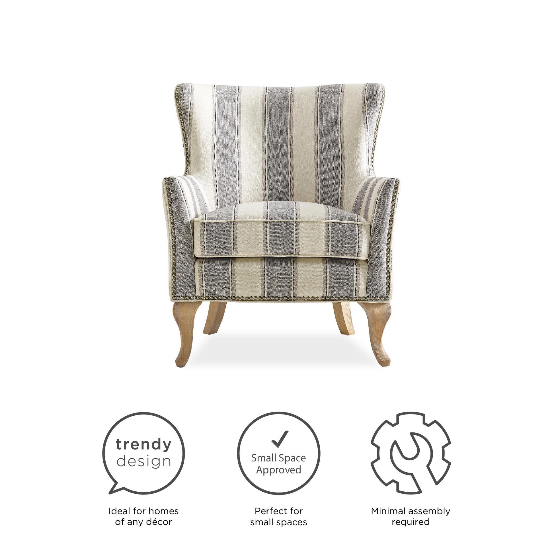 Reva Upholstered Club Accent Chair with Nail Head Trim - Gray Stripe