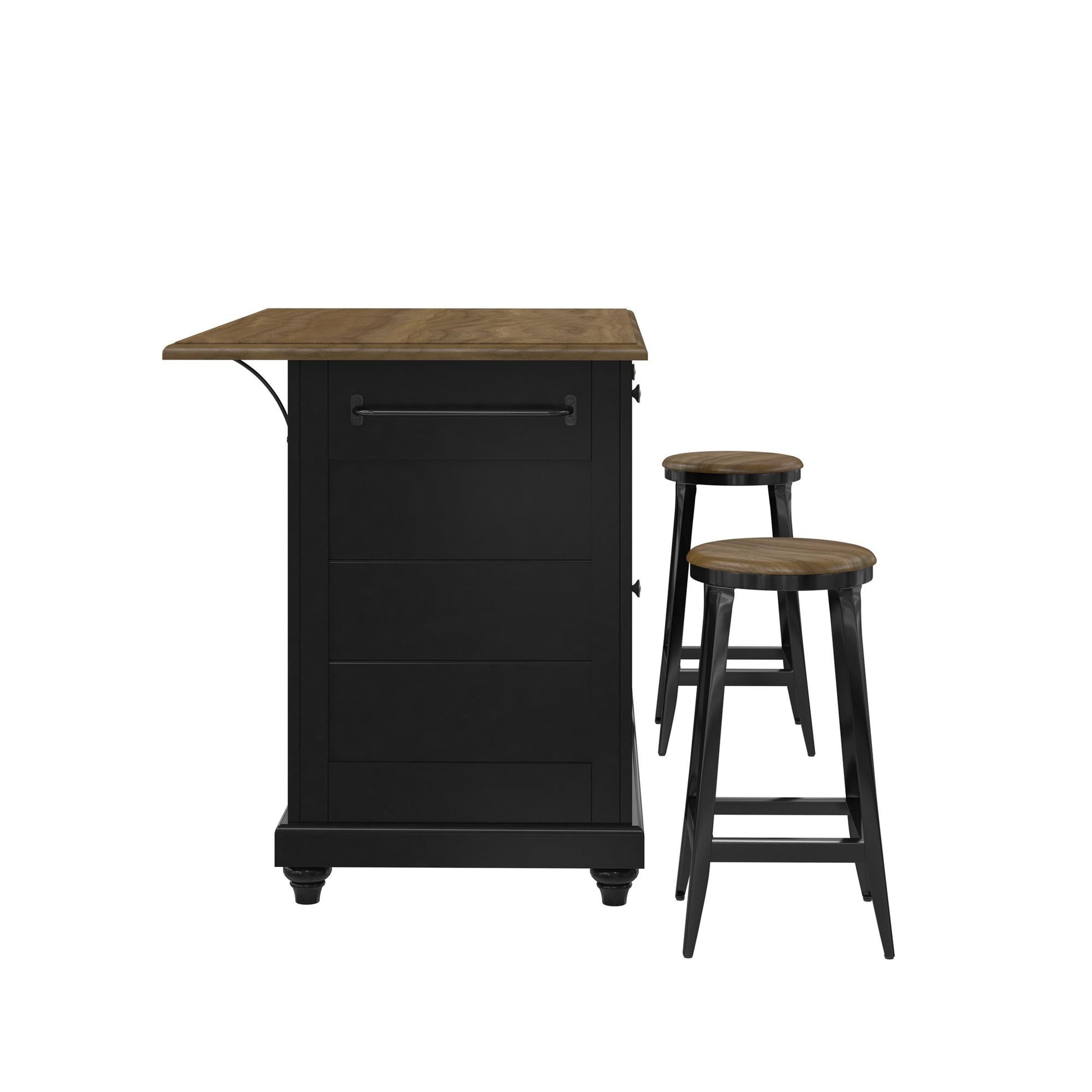 DHP Kelsey Kitchen Island with 2 Stools and Drawers, Black - Black