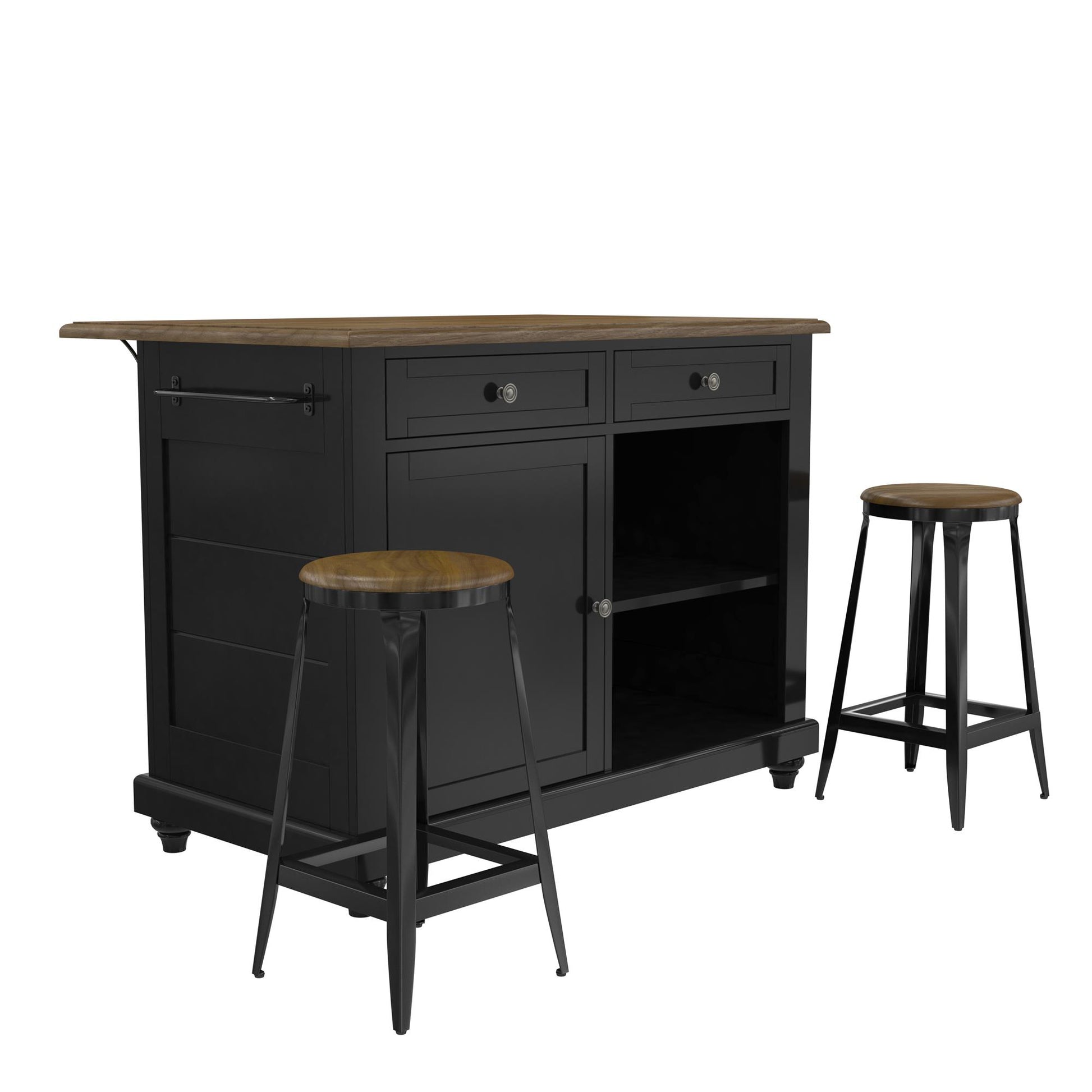 DHP Kelsey Kitchen Island with 2 Stools and Drawers, Black - Black