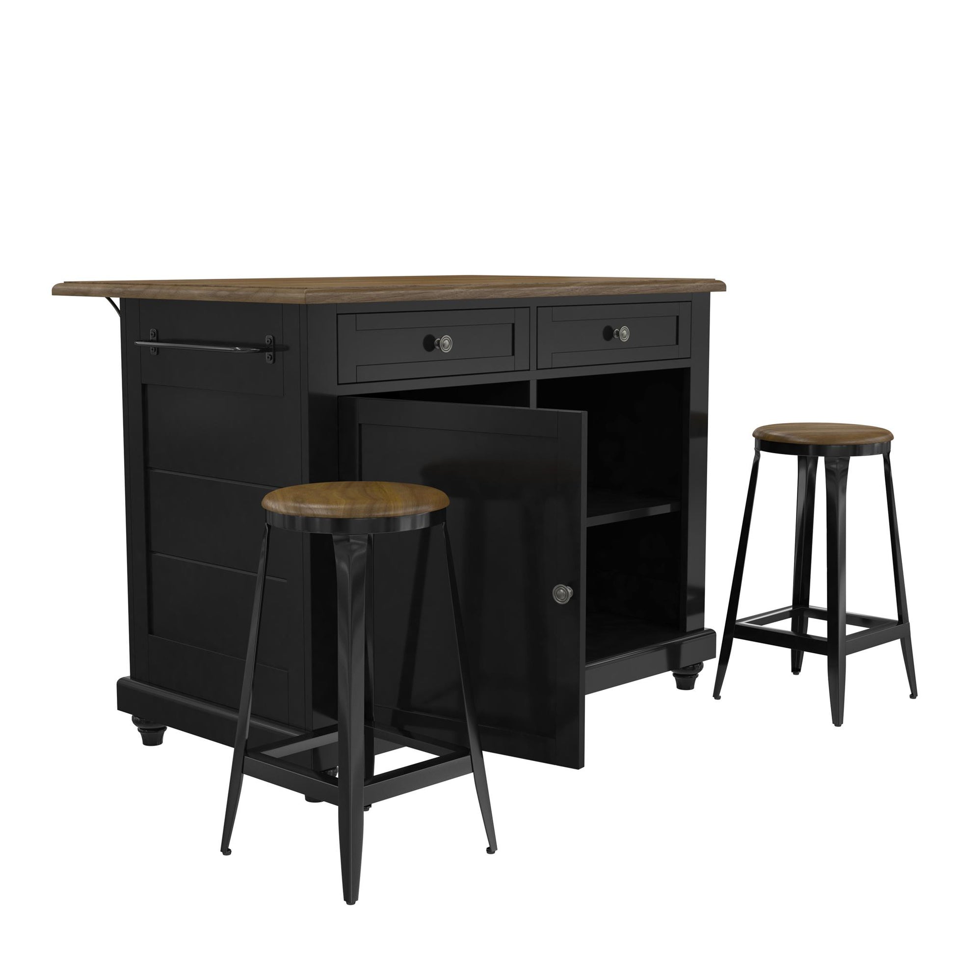 DHP Kelsey Kitchen Island with 2 Stools and Drawers, Black - Black