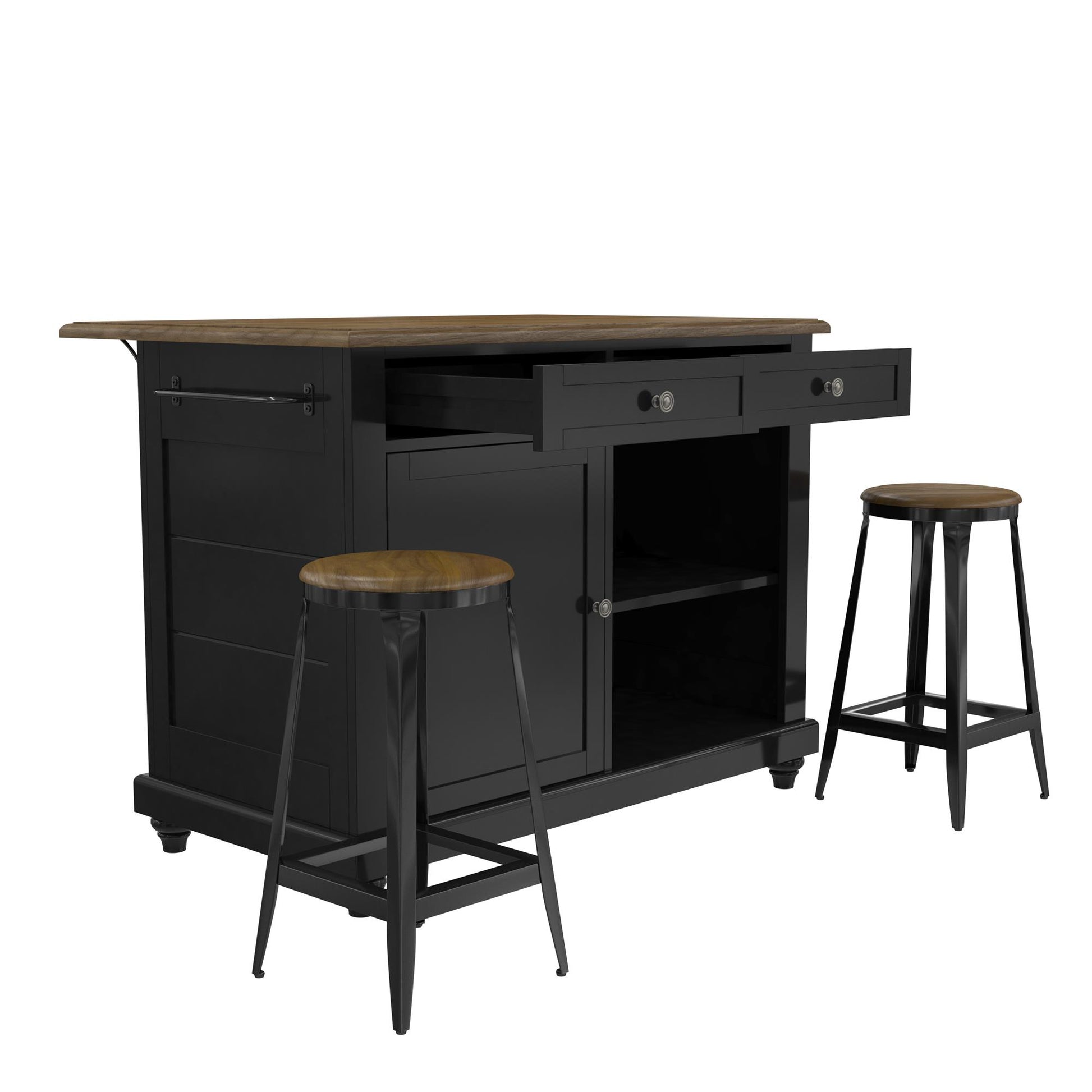 DHP Kelsey Kitchen Island with 2 Stools and Drawers, Black - Black