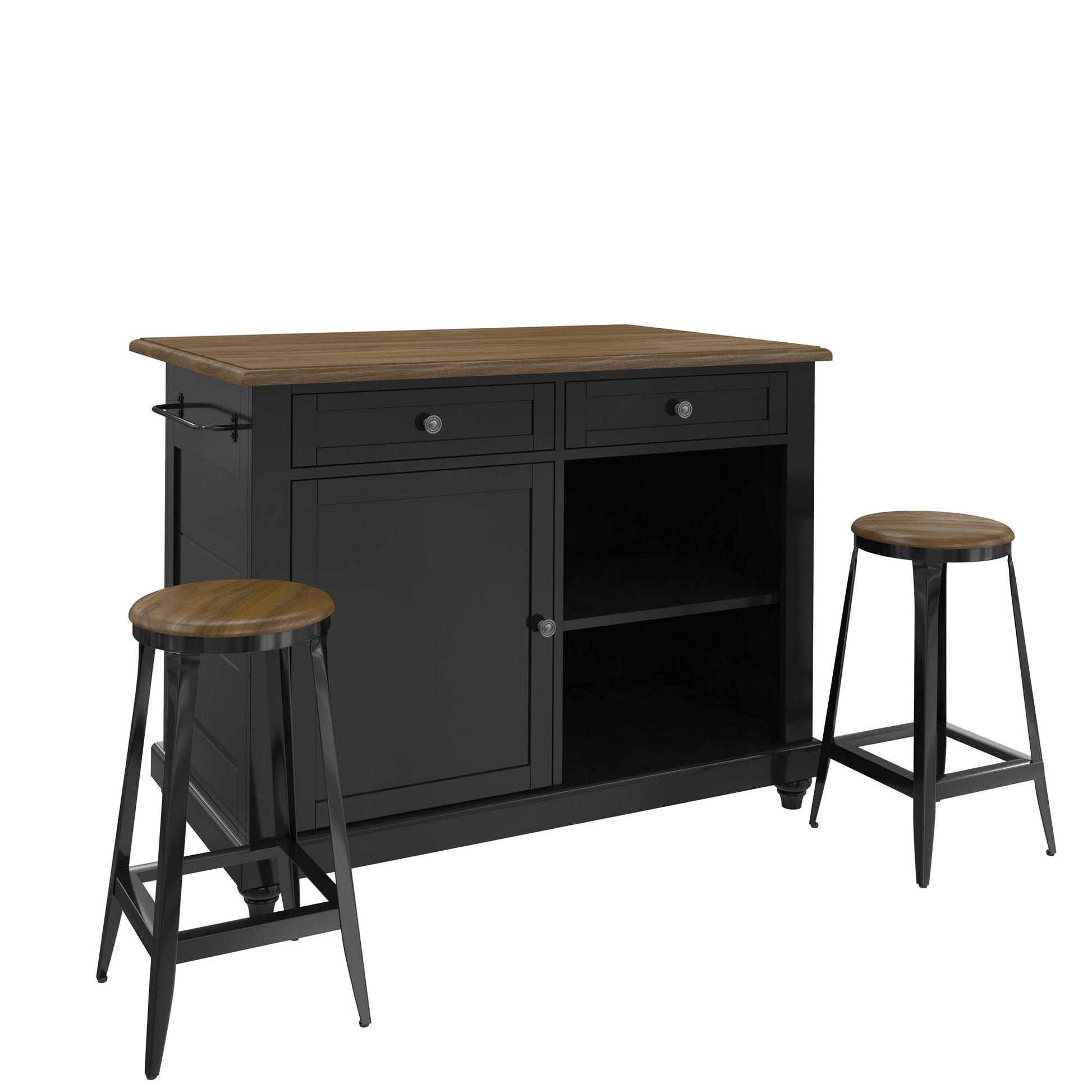 DHP Kelsey Kitchen Island with 2 Stools and Drawers, Black - Black