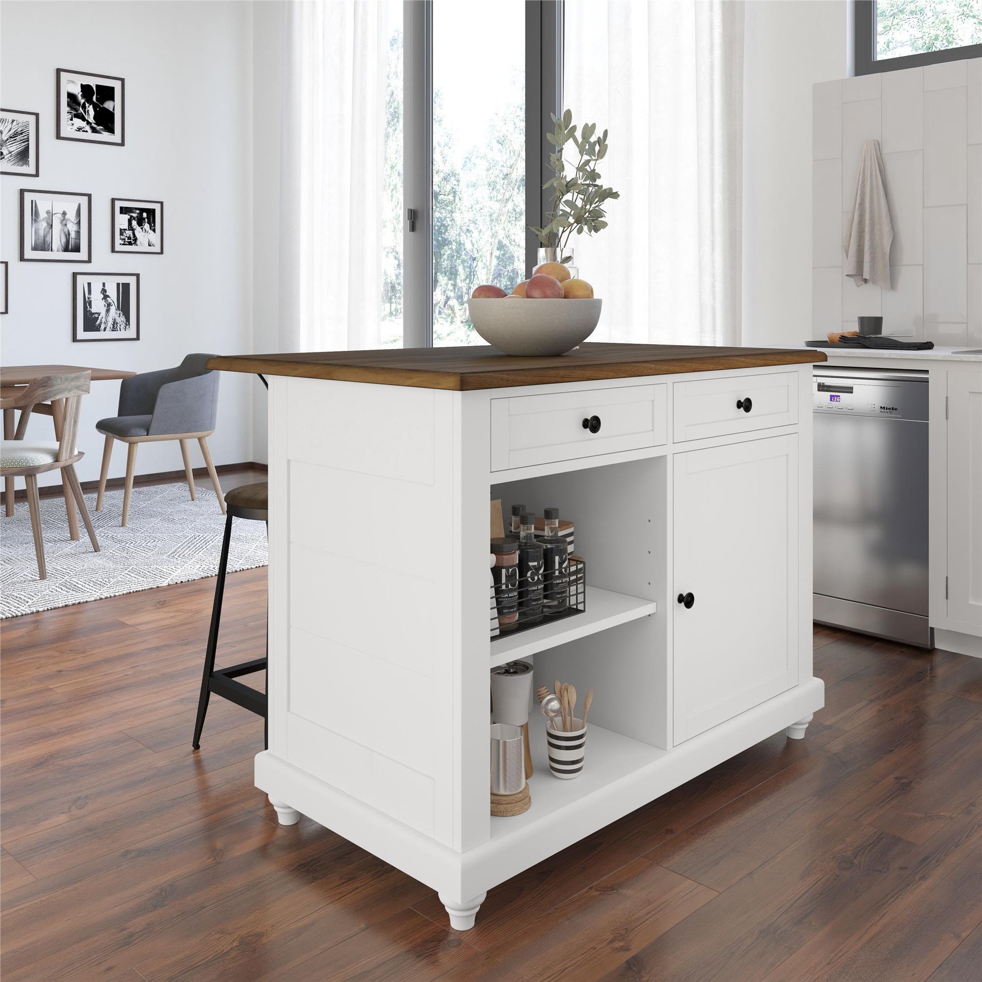 DHP Kelsey Kitchen Island with 2 Stools and Drawers, White - White