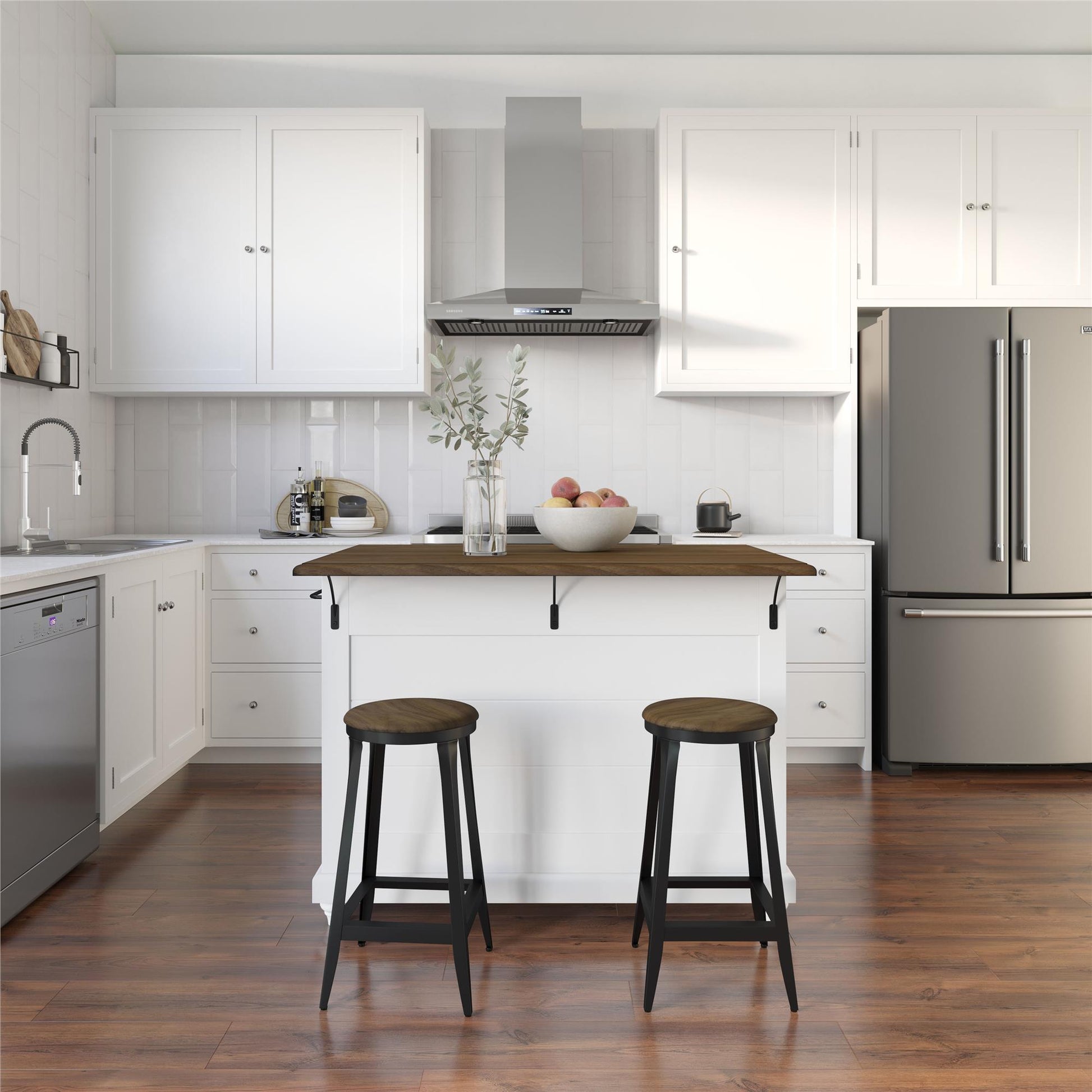 DHP Kelsey Kitchen Island with 2 Stools and Drawers, White - White