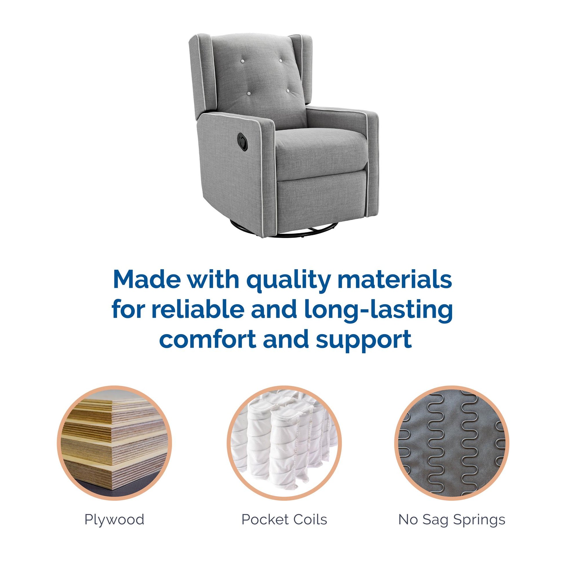 Mikayla Swivel Glider Recliner Chair Pocket Coil Seating - Grey Linen