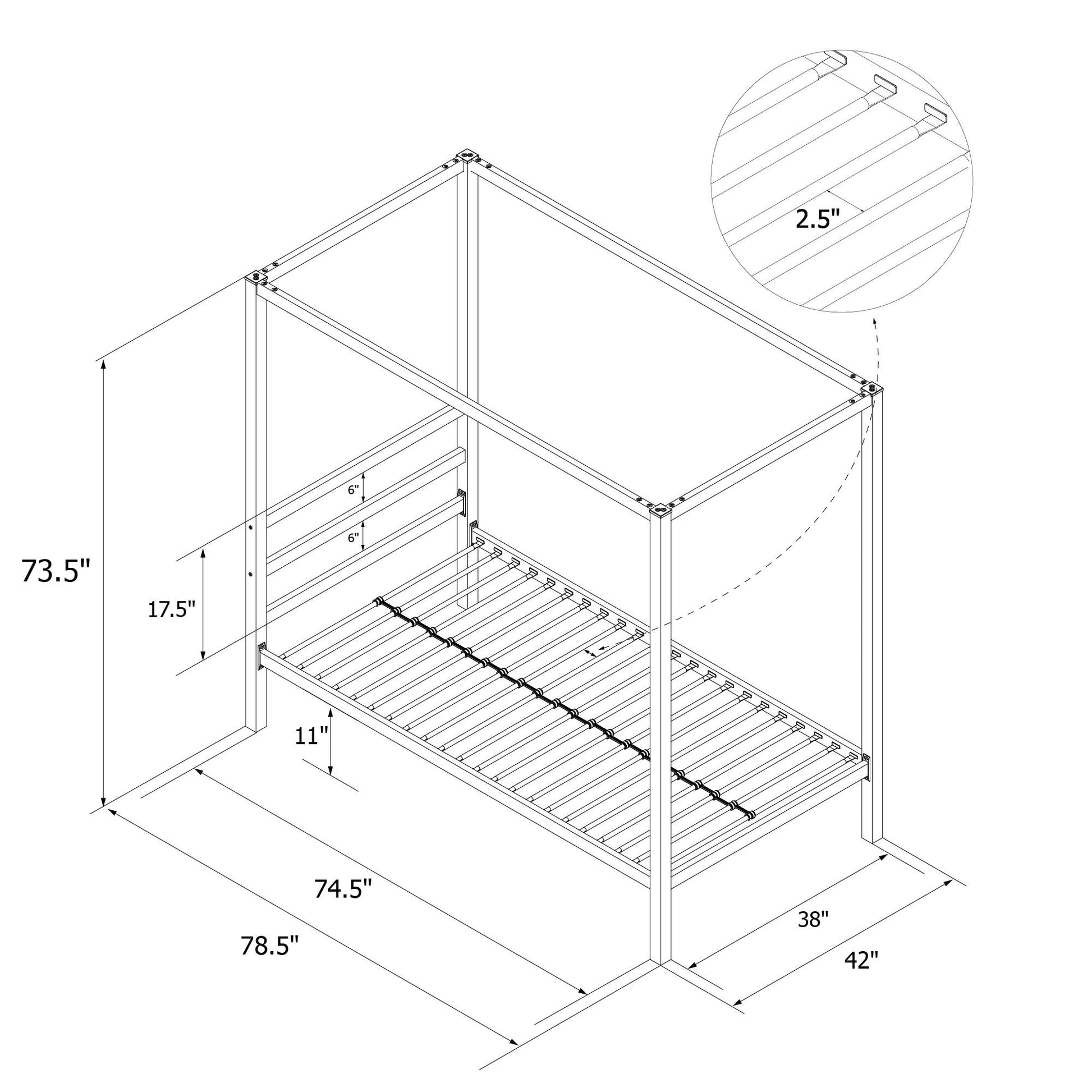 Modern Metal Canopy Bed with Sleek Built-In Headboard - Gold - Twin