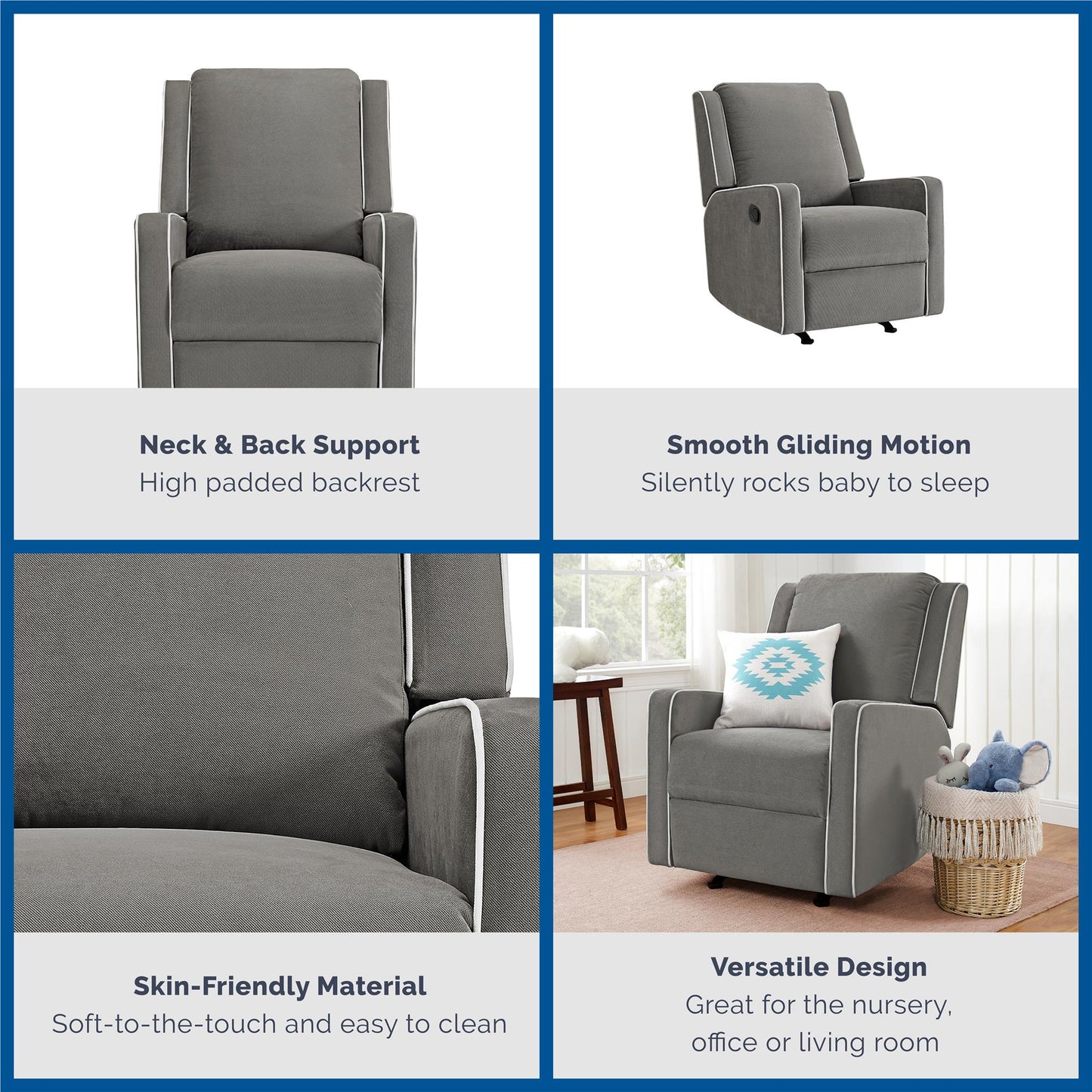Robyn Upholstered Rocker Recliner Chair with White Trim Detail - Graphite Grey
