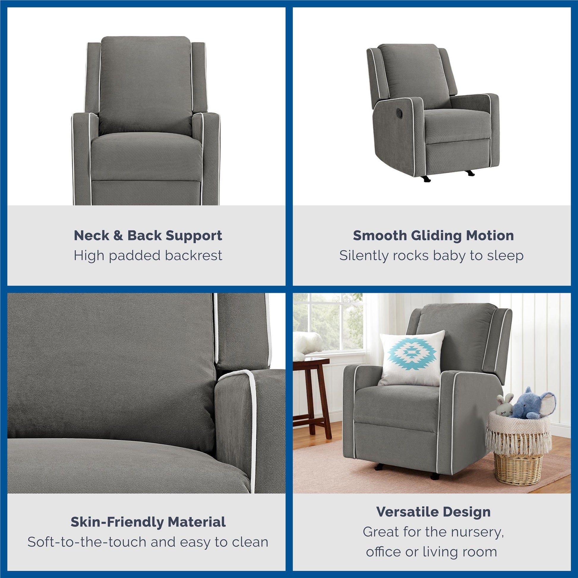 Robyn Upholstered Rocker Recliner Chair with White Trim Detail - Graphite Grey