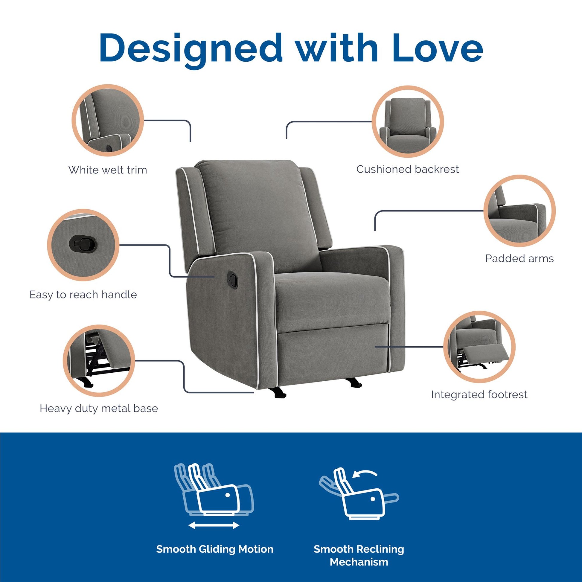 Robyn Upholstered Rocker Recliner Chair with White Trim Detail - Graphite Grey