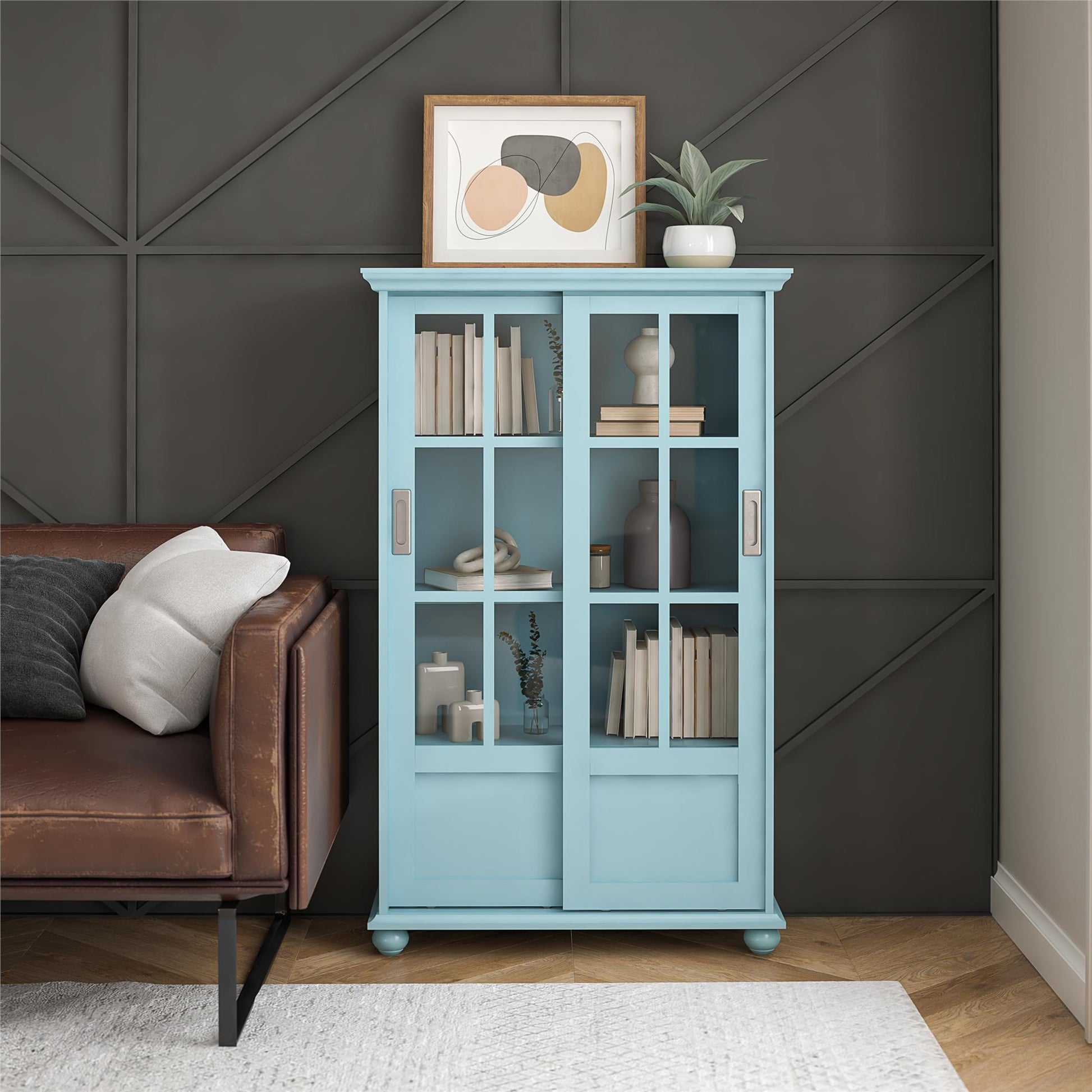 Aaron Lane Tall Bookcase with 2 Sliding Glass Doors - Sea Blue